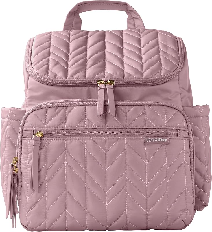 Mochila para pañales Skip Hop: Forma, bolsa de viaje multifunción para bebé con cambiador y accesorio para cochecito, color malva