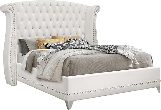 Pemberly Row Wingback Tufted Velvet Upholstered California King Bed, White Finish, Solid Hardwood and Particle Board Frame, Chrome Nailhead Trim, Crystal Button Headboard, Stylish Bedroom Furniture