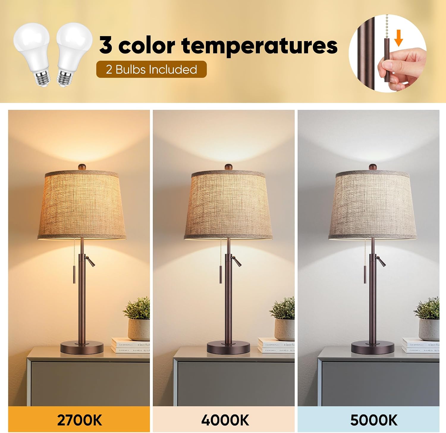 PARTPHONER Bedside Lamps Set of 2, Tall Table Lamps for Living Room, Height Adjustable Nightstand Lamps for Bedroom, Modern End Table Lamps with Pull Chain(LED Bulbs Included), Oil Rubbed Bronze