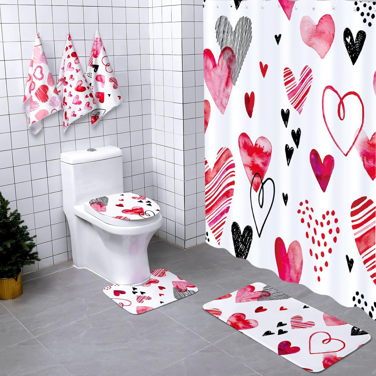 Newwiee 7 Pcs Valentine‘s Day Shower Curtain Set for Bathroom Sweet Heart Bathroom Sets with 3 Towels Happy Valentine‘s Day Shower Curtain Nonslip Rugs Toilet Lid Cover Bath Mat(Heart)