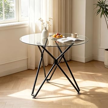 35.4" Round Glass Dining Table with Cross Metal Legs, Modern Small Dining Table for 2-4 People, Clear Tempered Glass Top Circle Kitchen Table for Apartment, Living Room, Black, Style B