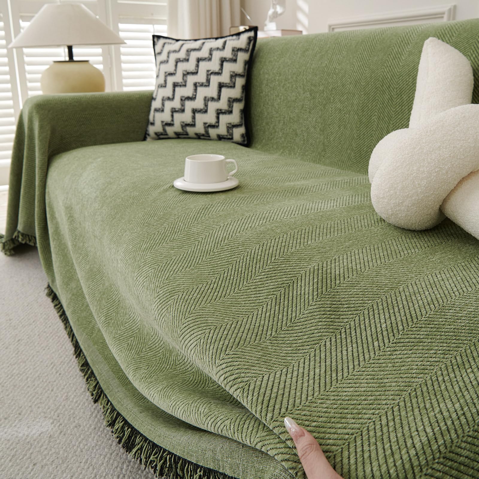 TAOTAOGO Chenille Sofa Large Throw Blanket For 3 4 Seater Extra Large Throws for Sofa, Soft Throw for Chair Couch and Bed Throw C Green 180x340