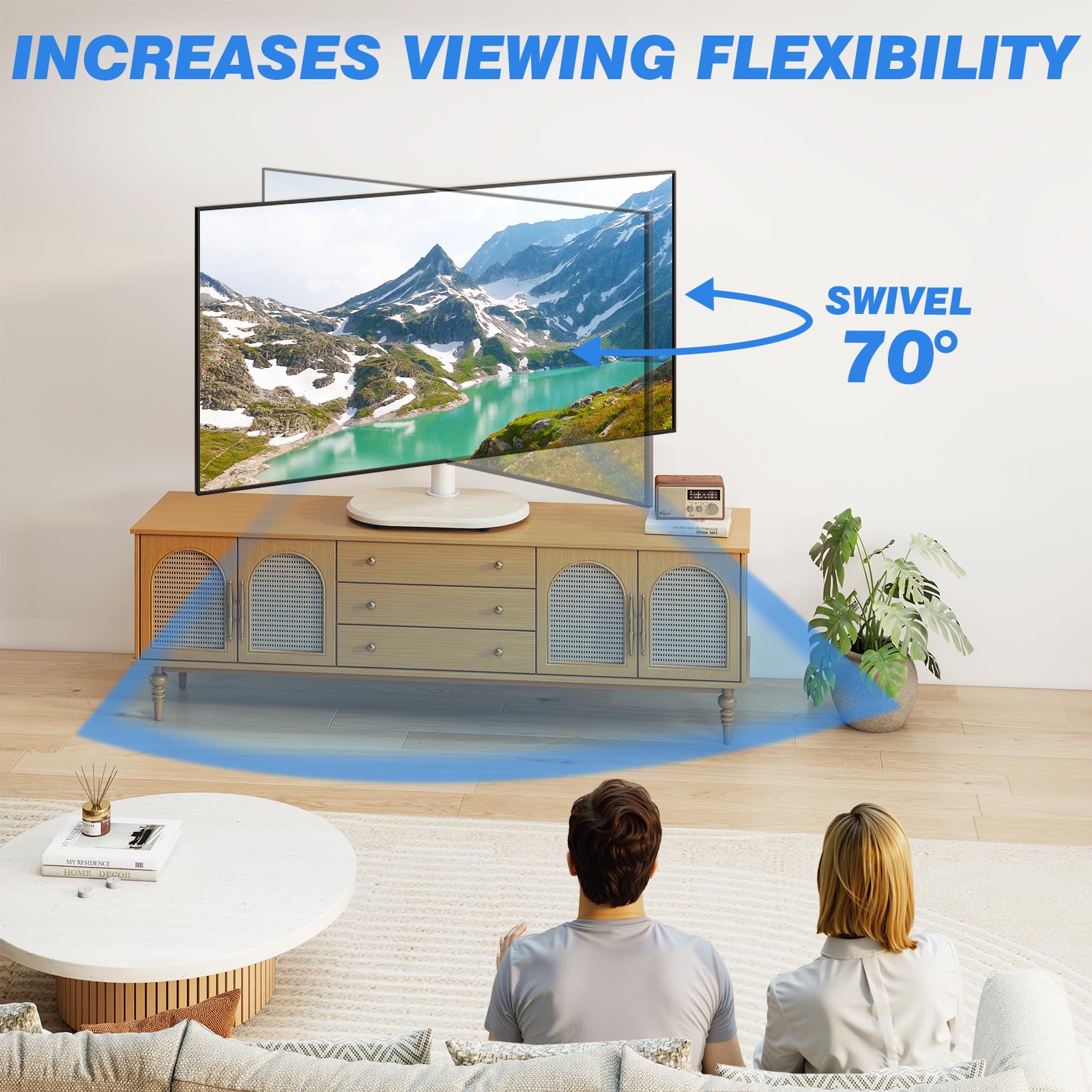 TVON Support TV sur Pied pour Téléviseurs de 26 à 55 Pouces 40kg Max | Pied de Télé Universel sur table, socle bois épais, hauteur pivotable ajustable, montage facile, Max VESA 400x400 mm