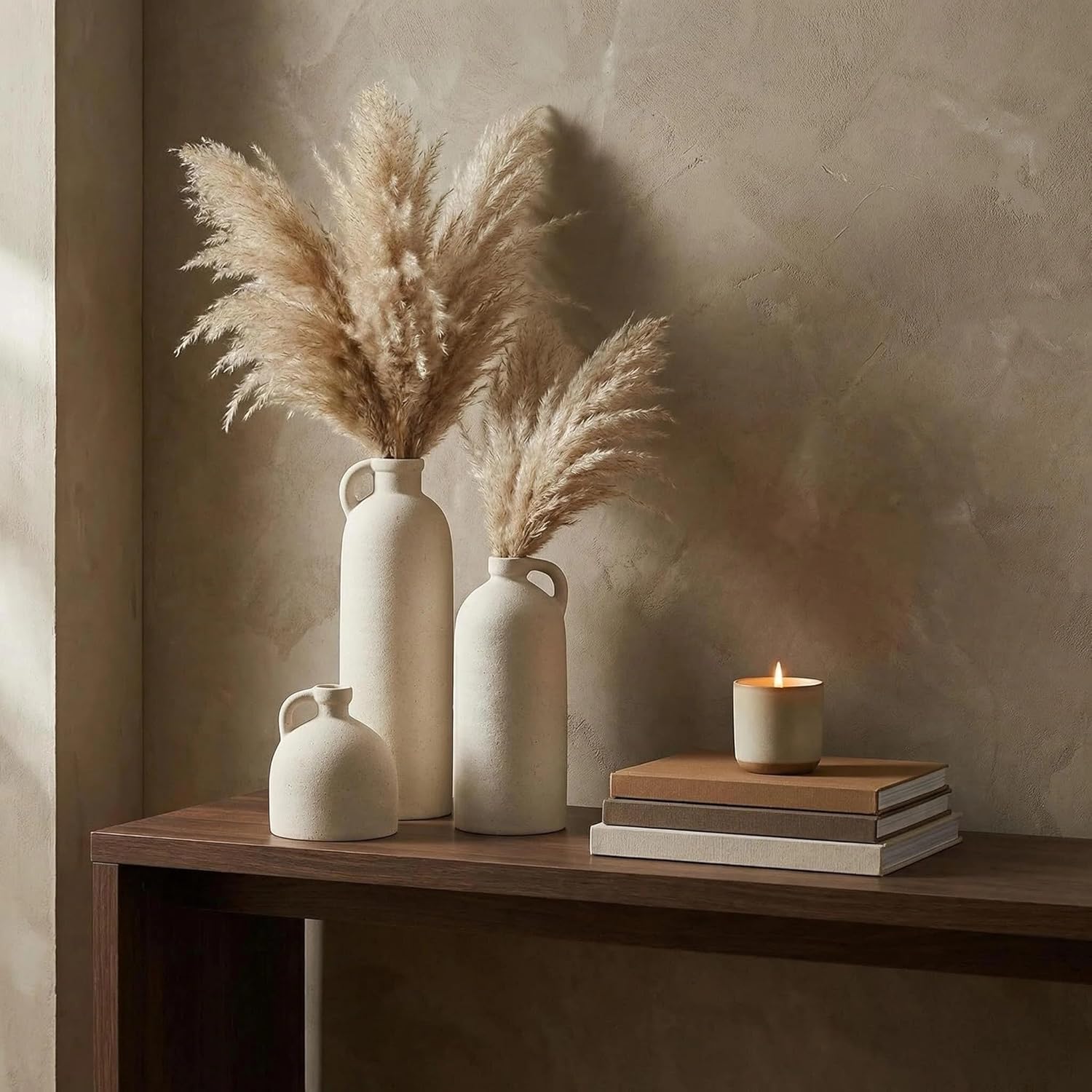 Flower Vase Set of 3, Ceramic Home Decor for Living Room - Modern Rustic Farmhouse Centerpiece for Table, Shelf & Bedroom - Decorative Vases for Office, Bathroom, Dining Desk