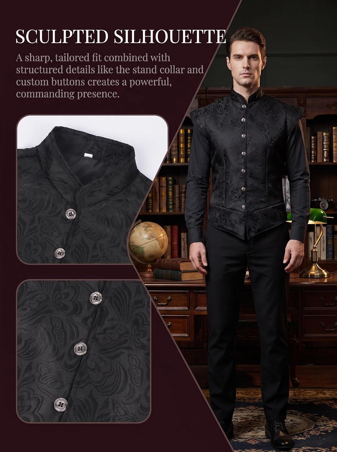 Men Medieval Court Jacquard Vest Vintage Gothic Victorian Stand Collar Waistcoat Steampunk Tailcoat Vest