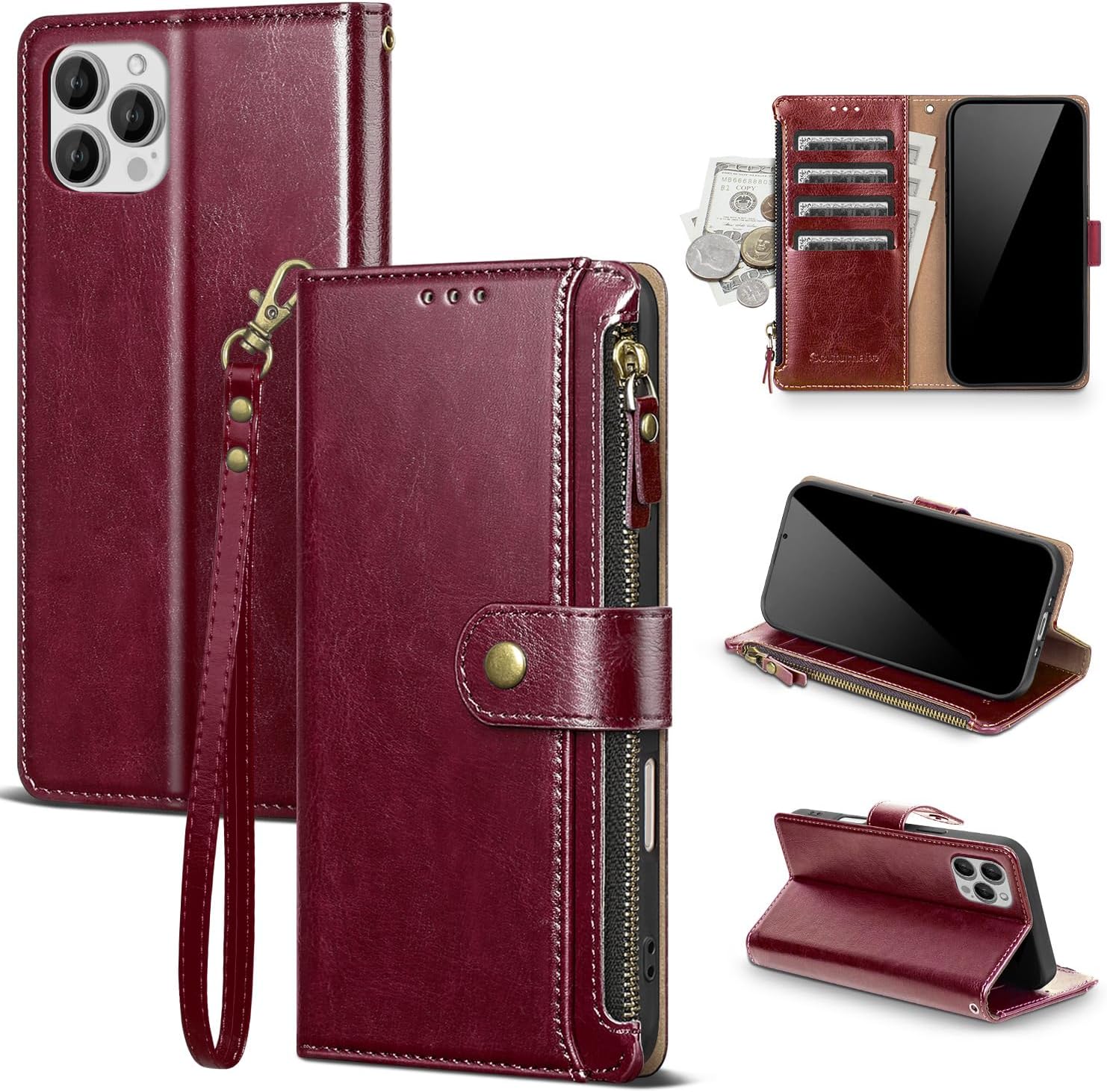 Compatible with iPhone 16 Pro Wallet Case with Card Holder RFID Blocking Zipper Poket PU Leather Flip Phone Case with Wrist Strap Credit Card Slots Men Women,for Apple 16 Pro 6.3",Wine Red