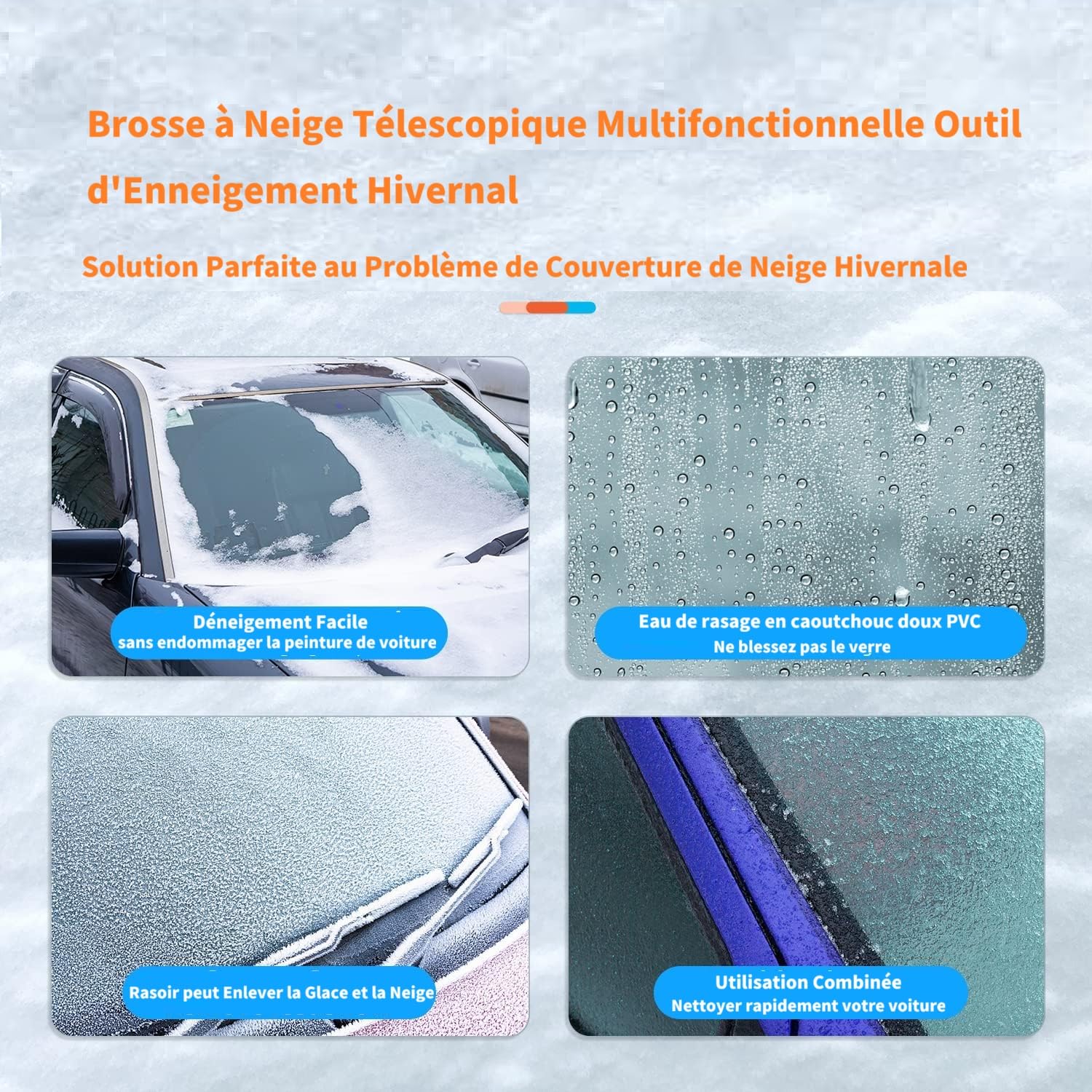 120CM Brosse à Neige pour Voiture - Grattoir à Glace de Pare Brise - Pelle à Neige avec Manche Extensible et Poignée en Mousse - Ensemble de Balai à Neige pour Voiture, SUV, Camion, Orange