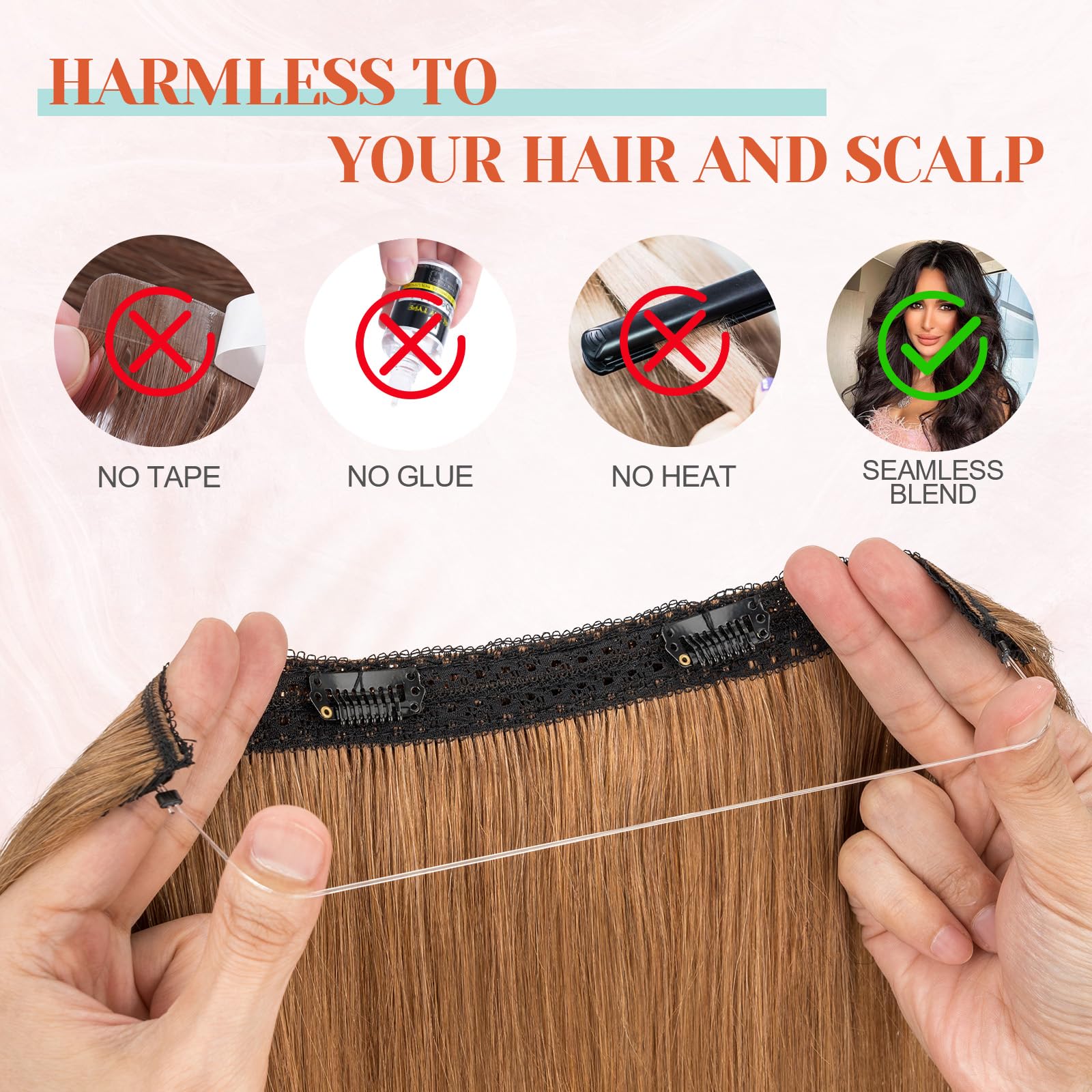 16 Inch Real Human Hair Halo Extensions with Invisible Wire for Volume Halo Hair Extensions main image 3