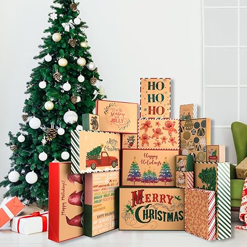 Miniatura 7 de POPGIFTU 18 cajas de Navidad de papel kraft con tapas para regalos (4 tamaños y 18 diseños), cajas de regalo de Navidad a granel con etiquetas