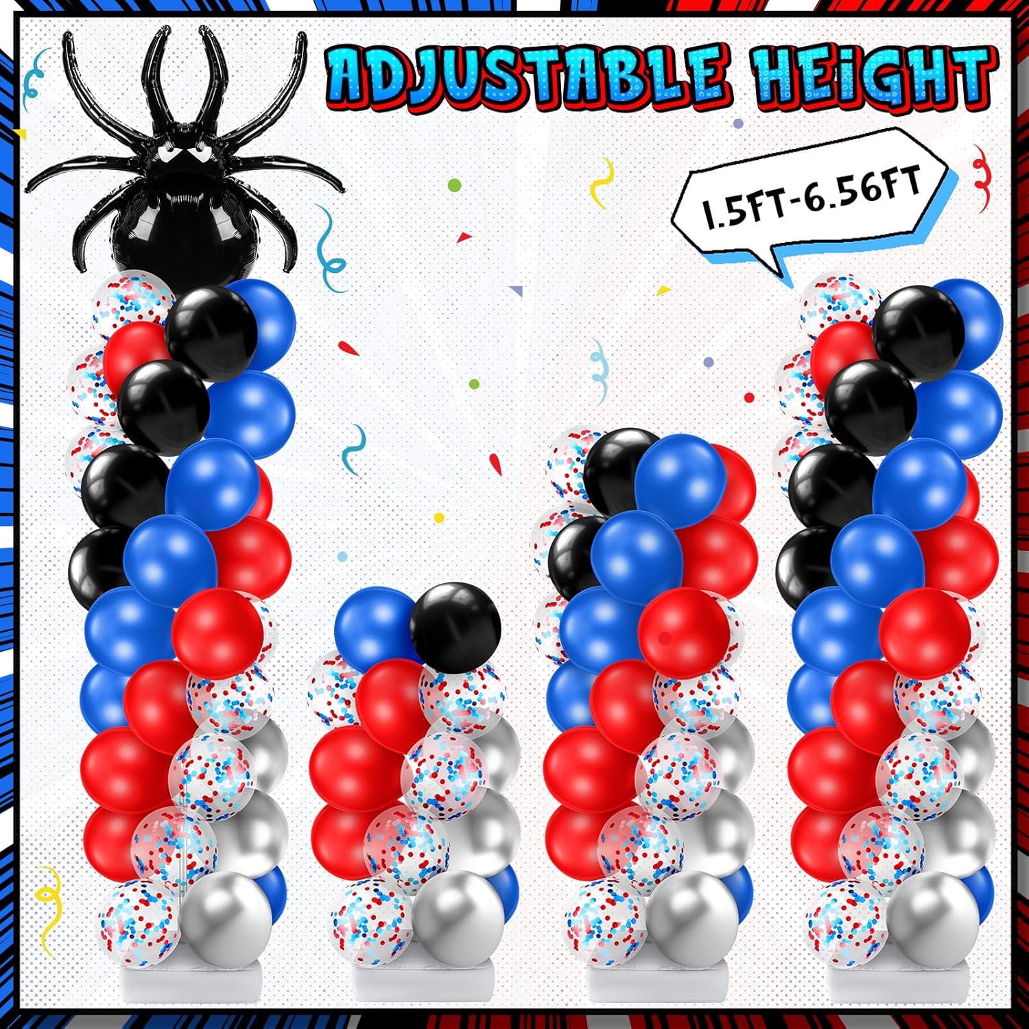 Kasyat 2 Sets Spider Party Balloon Column Stand Kit with 2 Spider and 100 Red Blue Black Latex Balloons, Adjustable Arch Stands for Birthday Baby Shower Hero Theme Party Decorations