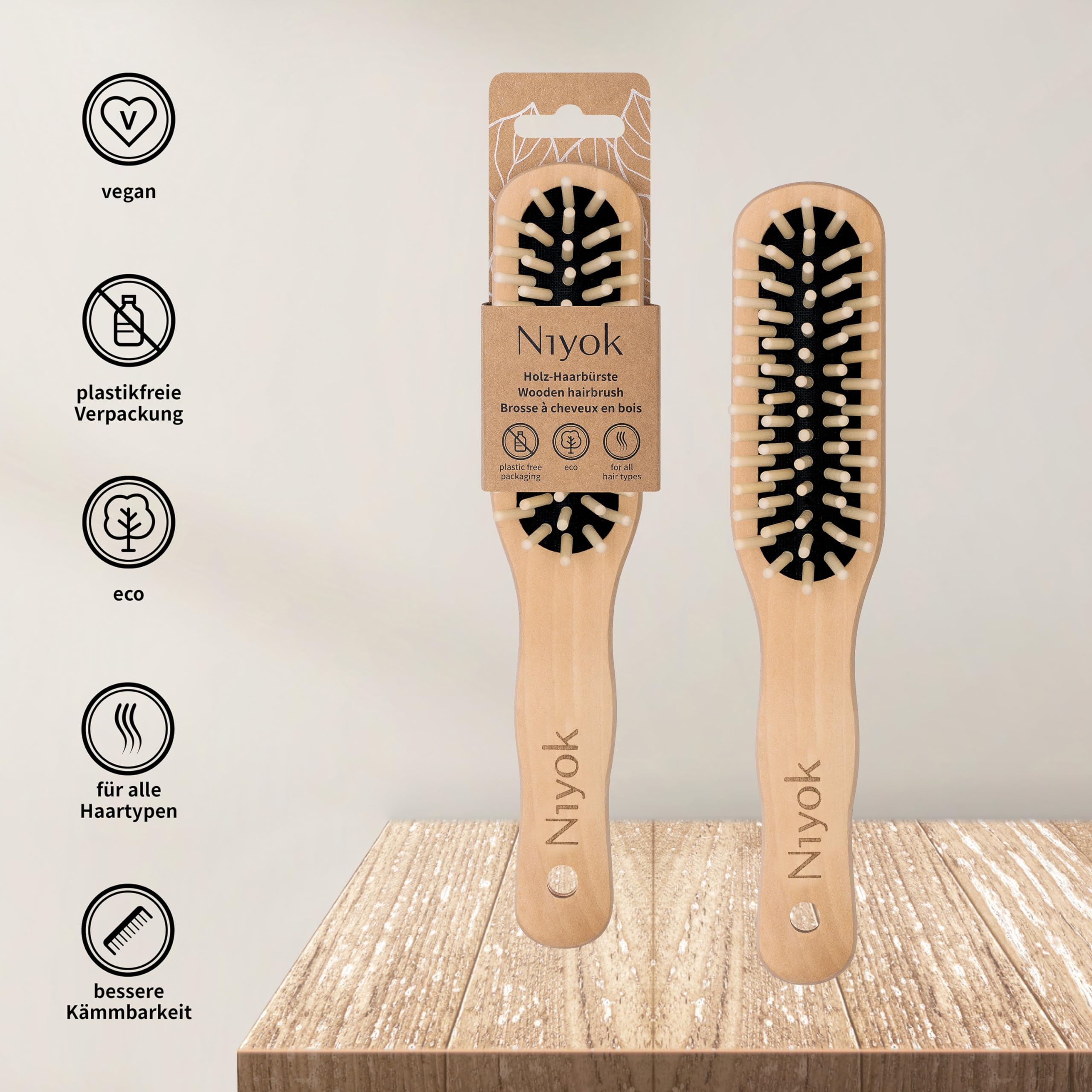 4004 NIY Niyok Hair Brush Oblong Wooden Knobs, beech wood, Haarbürste länglich - Image 3