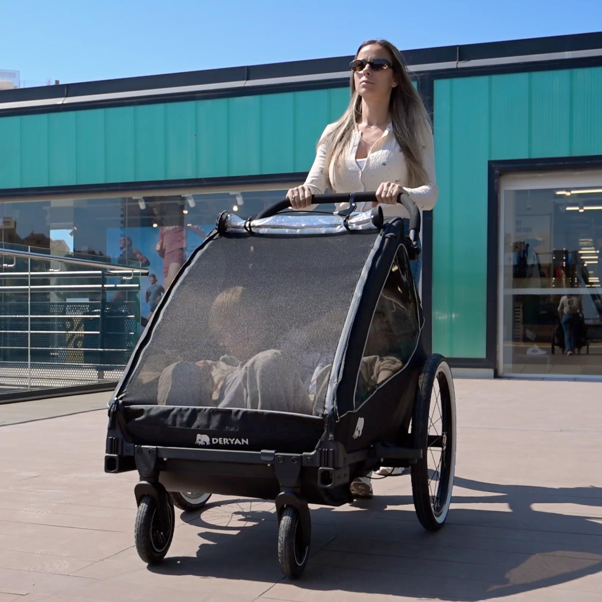 Deryan Luxus 3-in-1 Rimorchio per Bicicletta v2 per 2 Bambini – Rimorchio per Bicicletta, Passeggino & Jogger – Passeggino Multifunzionale con Cintura a 5 Punti – Nero
