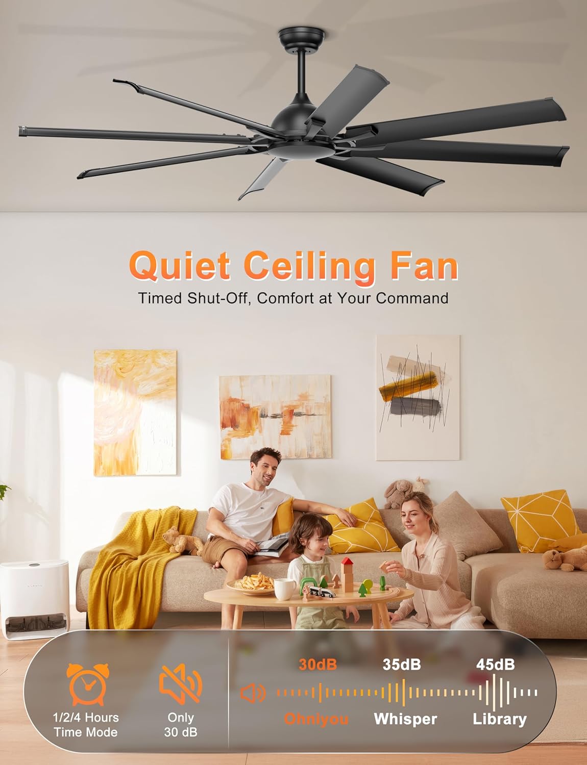 A family relaxing in a living room with the quiet ceiling fan operating, showing noise levels compared to whisper and library sounds.