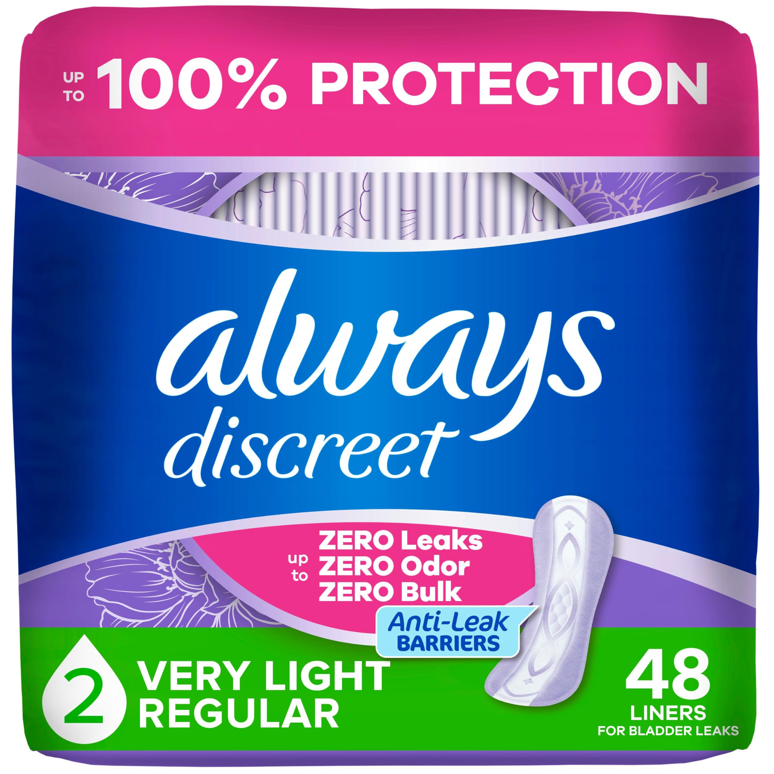 Always Discreet Incontinence Panty Liners for Women with Bladder Leaks, Size 2, Very Light Absorbency, Regular Length, Up to 100% Bladder Leak Protection 48 CT
