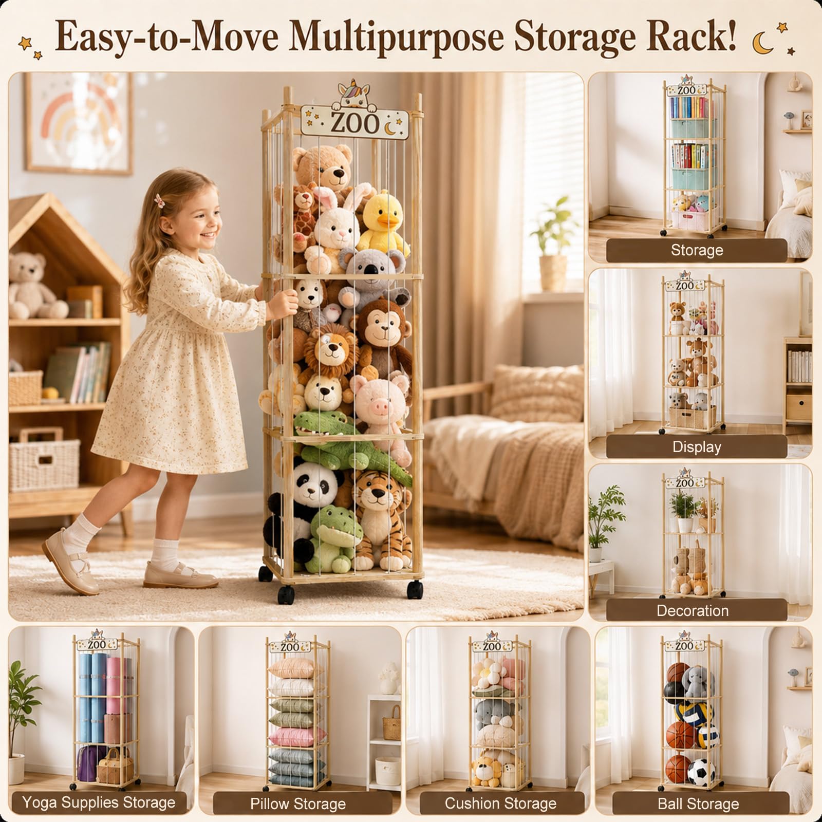 Porta Peluche, Contenitore per Animali di Peluche in Legno a 3 Piani con Rete e Ruote 360° Freno, Supporto per Animali Ripieni con Rete, 136x41x41 cm, per le Camere dei Bambini, i Soggiorni