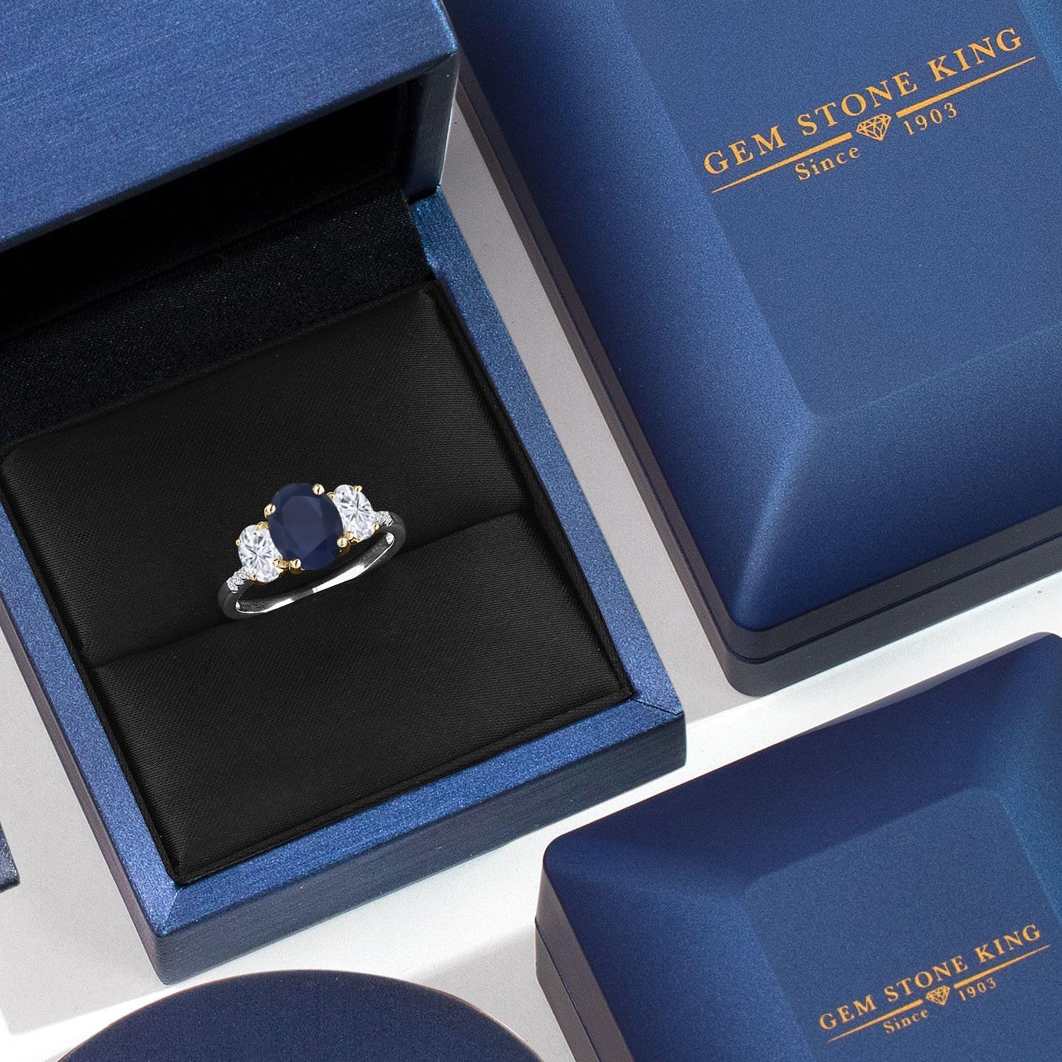 Gem Stone King 925 Silver and 10K Yellow Gold Blue Sapphire and White Moissanite and Lab Grown Diamond Engagement Ring For Women | 3.26 Cttw | Oval 9X7MM | September Birthstone - Image 5