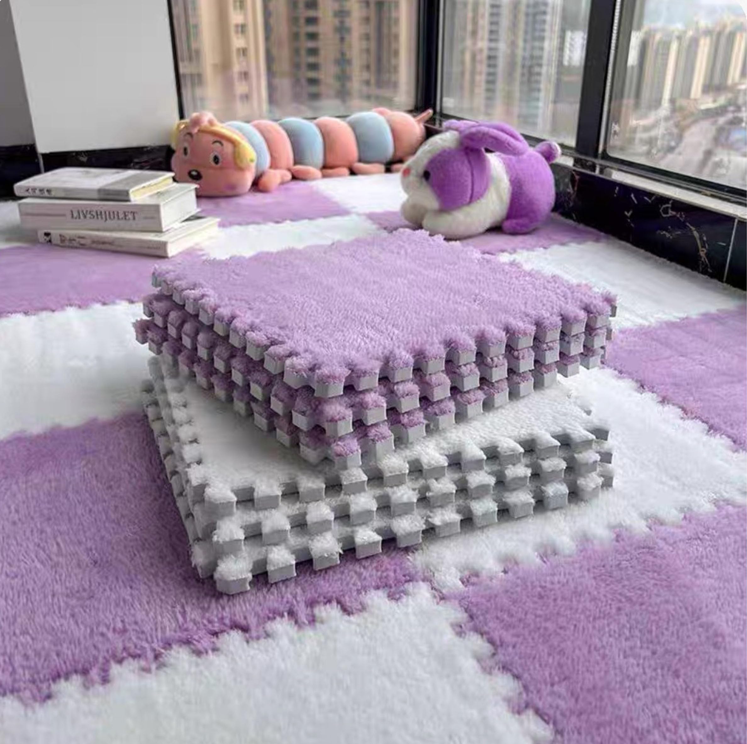 16 Pcs Kids Foam Interlocking Carpet Tiles with Border, Thick Carpet Squares Plush Floor Playmats Baby Crawling Rug - 49" x 49" (Purple, 16 Tiles)