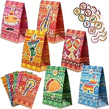 Geyee 24 Pcs Mexican Candy Bags Fiesta Party Gift Favor Cinco De Mayo Paper Goodie Treat Bags with Stickers for May 5th Mexico Themed Birthday Party Supplies Decorations, 6 Styles