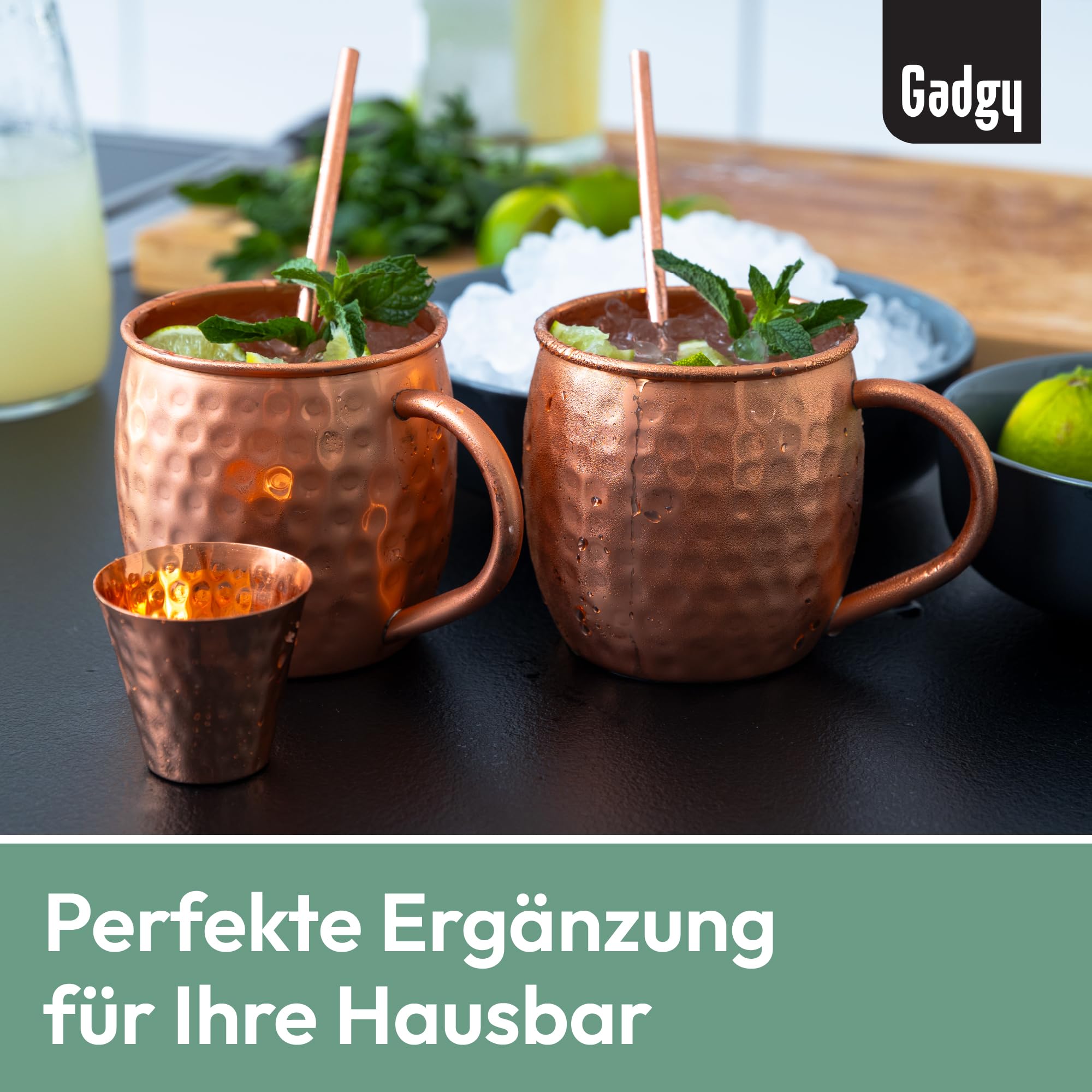 Gadgy Moscow Mule Becher Set – 4 Kupferbecher handgemacht – Cocktailbecher Set mit 4 Strohhalmen & Barmaß – 100% Kupfer – Geschenkset für Cocktail Liebhaber