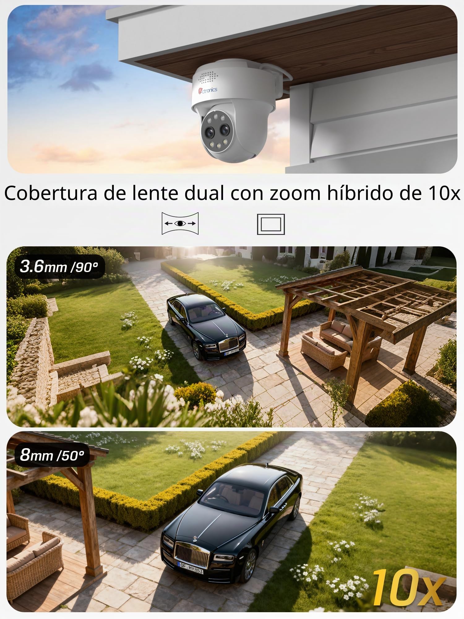 Ctronics Cámara de Seguridad 4MP Doble Lente, Zoom Híbrido 10× | Detección AI Personas/Vehículos, Visión Nocturna a Color e Infrarrojos 30m, WiFi Doble Banda, PC/App – 790C-4MPD (Blanco)