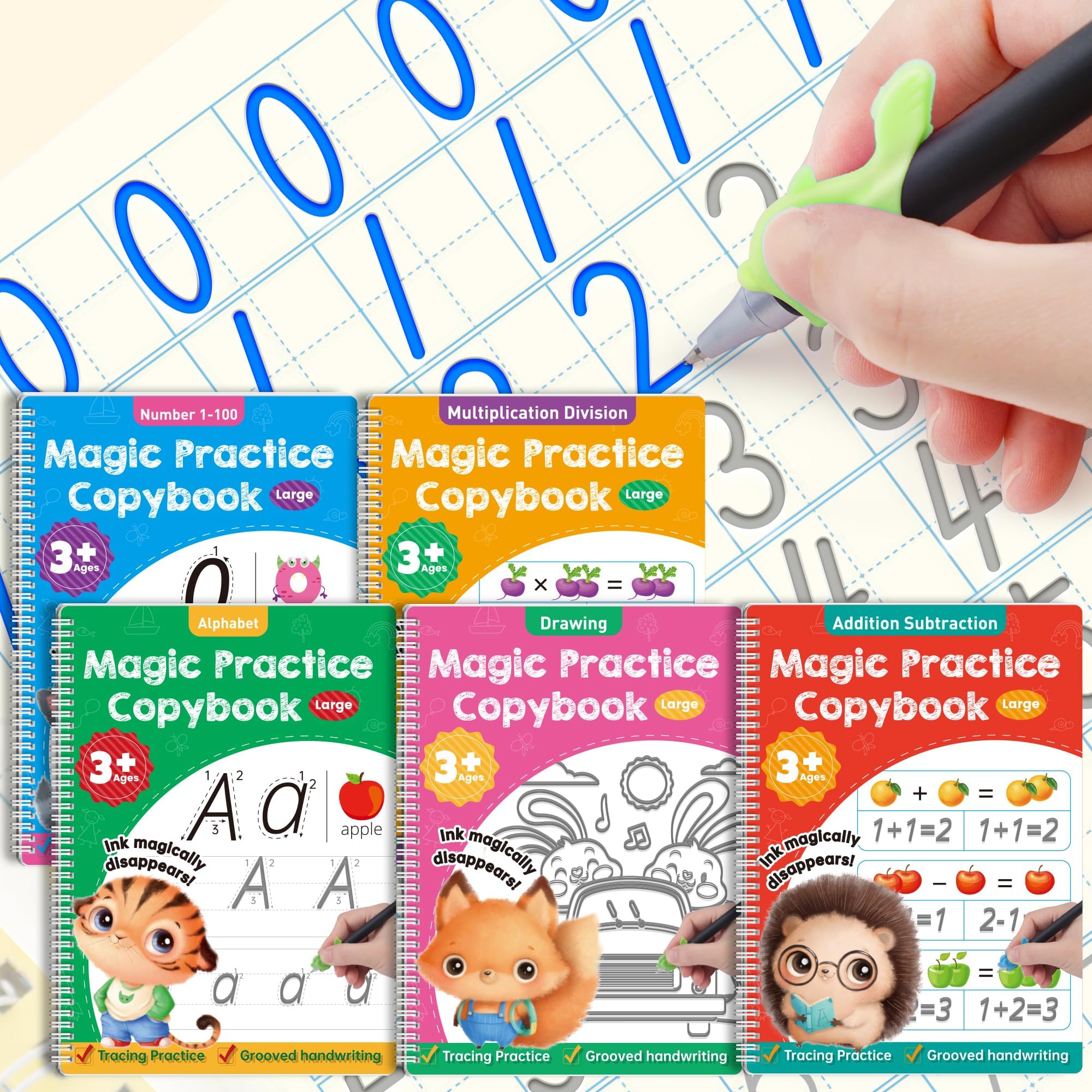 Magic Grooved Handwriting Practice Books, Large Reusable Copybooks for Children, Learn to Write Number Letter Tracing Workbook, Learning Resources for Kids Age 3-8 Kindergarten Preschool Calligraphy