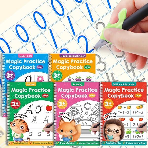 Large Magic Grooved Practice Copybook 5 Pack with Pens, Reusable Childrens Magic Copybooks, Magical Handwriting Workbook