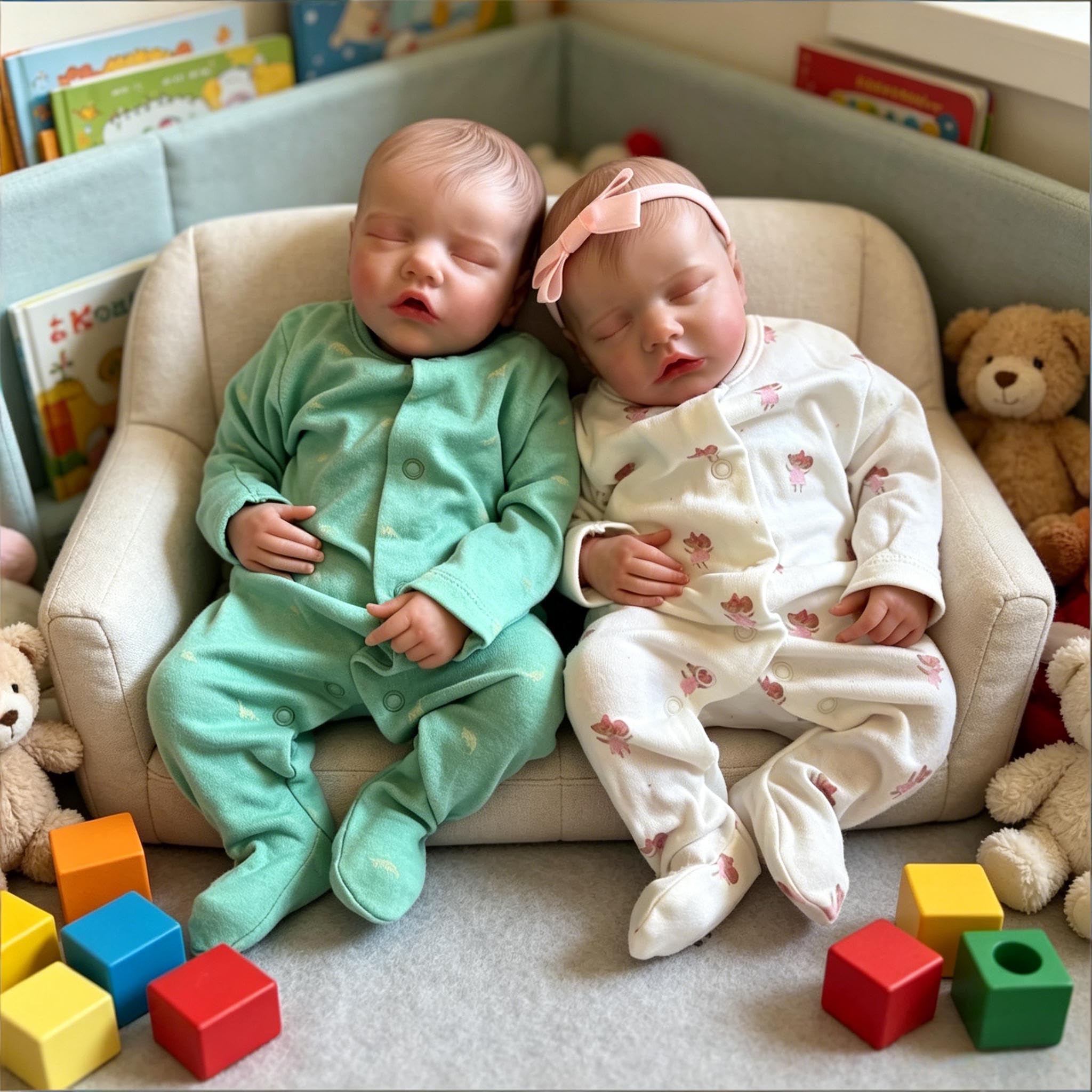 Reborn Babypuppen Silikon Ganzkörper Zwillinge Mädchen und Junge 18 Zoll Realistische Babypuppen Weiches Vinyl Real Life Babys Puppe Lebensechte Neugeborene Babys Zwillinge Puppe mit Zubehör