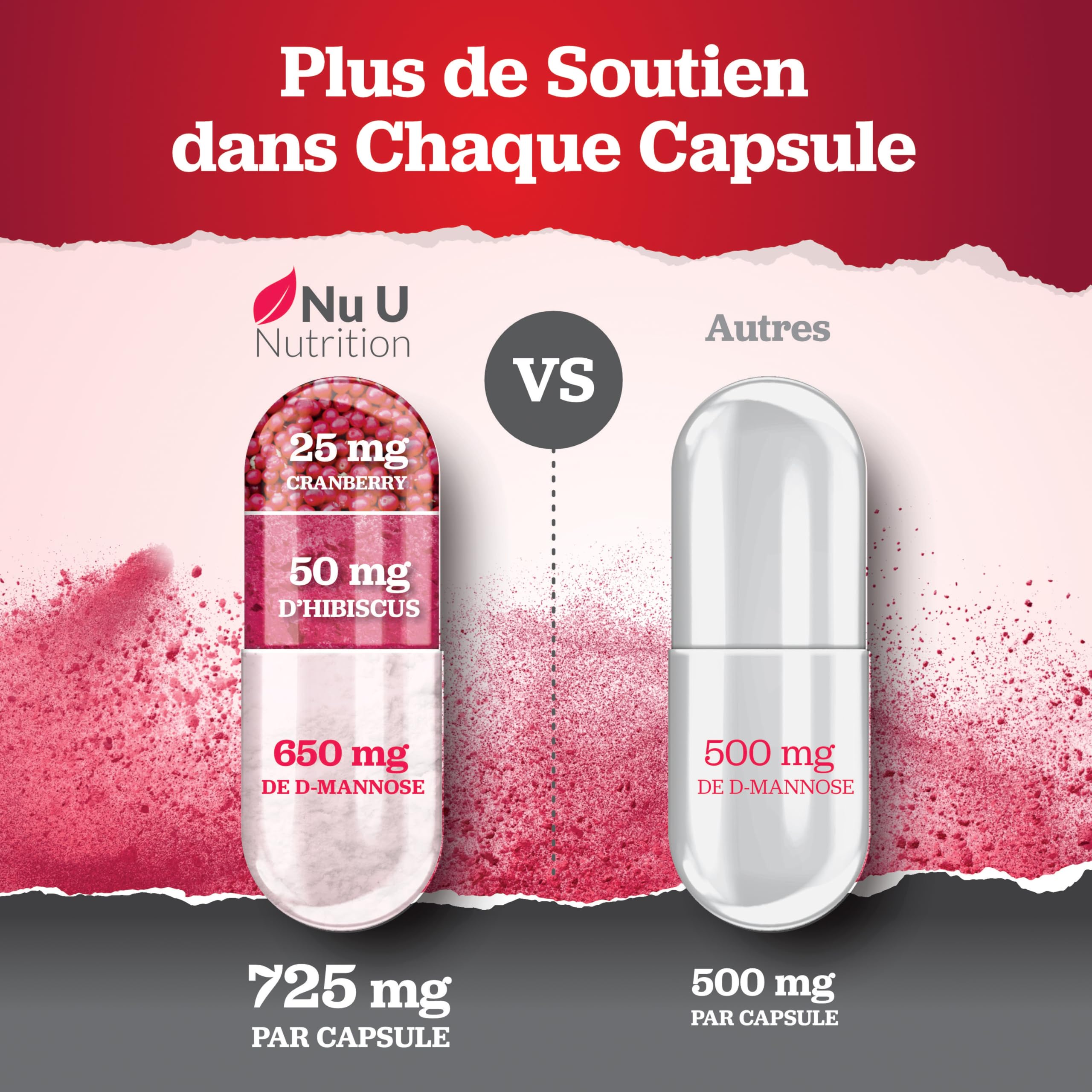 D-Mannose - 120 Capsules Véganes - Complexe 3 en 1 avec Extraits de Canneberge et d'Hibiscus - Soutien Naturel pour les Femmes - Fabriqué en Europe - Nu U Nutrition
