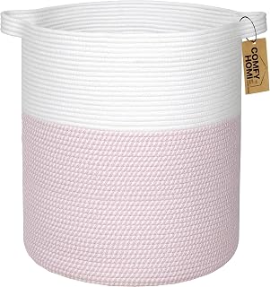 COMFY-HOMI XXL Large Laundry Basket with Handles Blanket Baskets Living Room|Woven Cotton Rope Decorative Basket Laundry Hamper Baby Basket Nursery Dog Toy Storage Organizer Bin-16”x18”-White/Pink