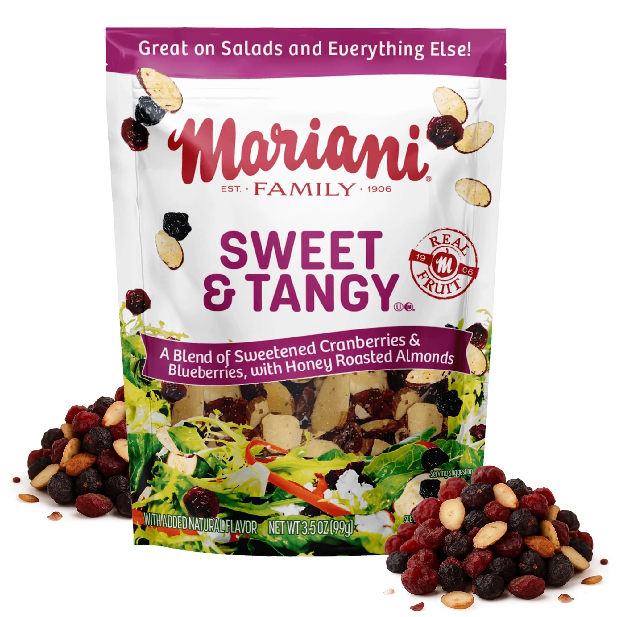 Mariani Sweet & Tangy Salad Topper, 3.4oz Resealable Pouch, Dried Fruit & Nut Mix with Cranberries, Blueberries & Honey Roasted Almonds, Gluten-Free, Crunchy Salad Toppings, Yogurt or Oatmeal