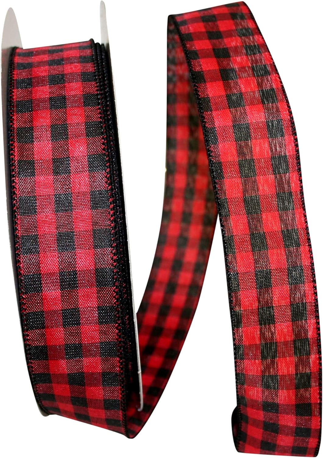 Reliant Ribbon Hilltop Cabin Buffalo Check Value Wired Edge Ribbon, 1-1/2 Inch X 50 Yards, Black/red