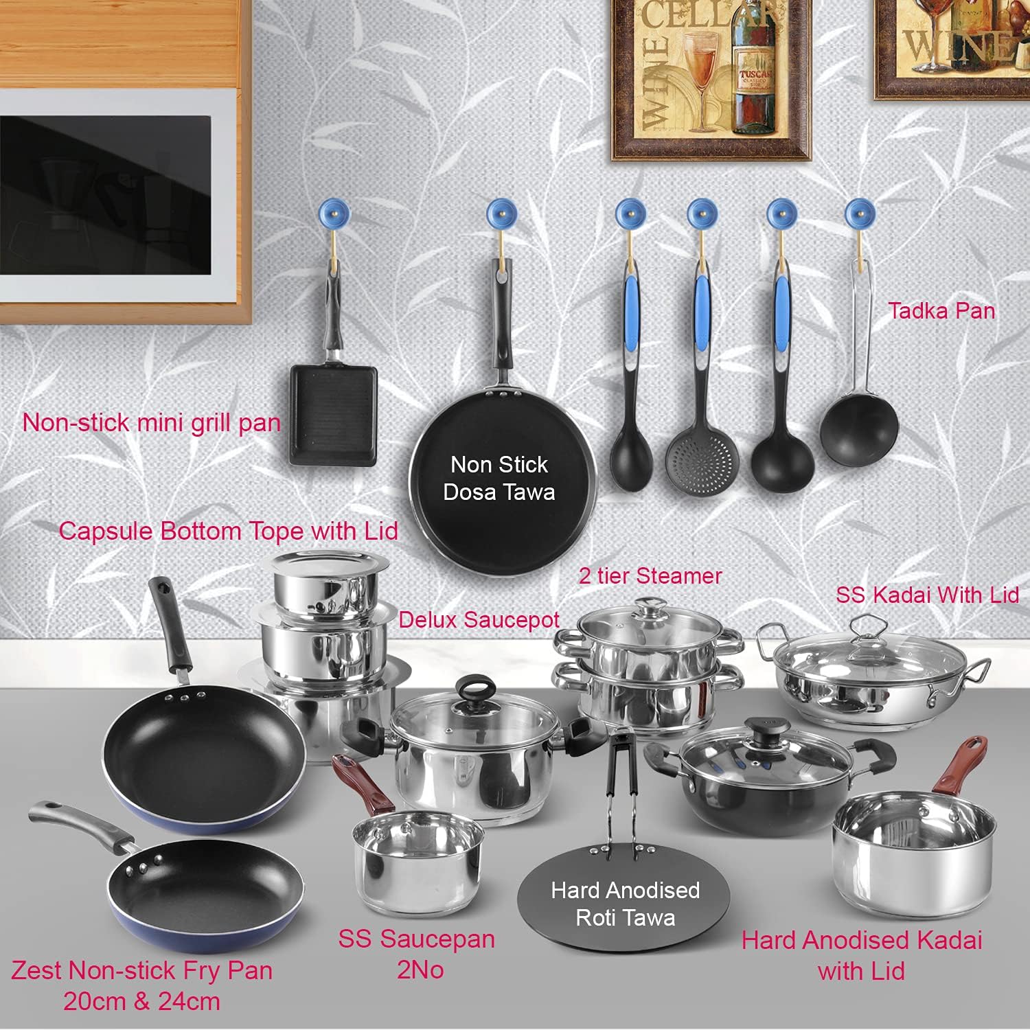 Vinod Kitchen in The Box Stainless Steel Cookware Combo Set of 25 Pcs | Multipurpose Kitchen Set for Cooking | Bartan/Donga Set | Induction and Gas Base- Silver