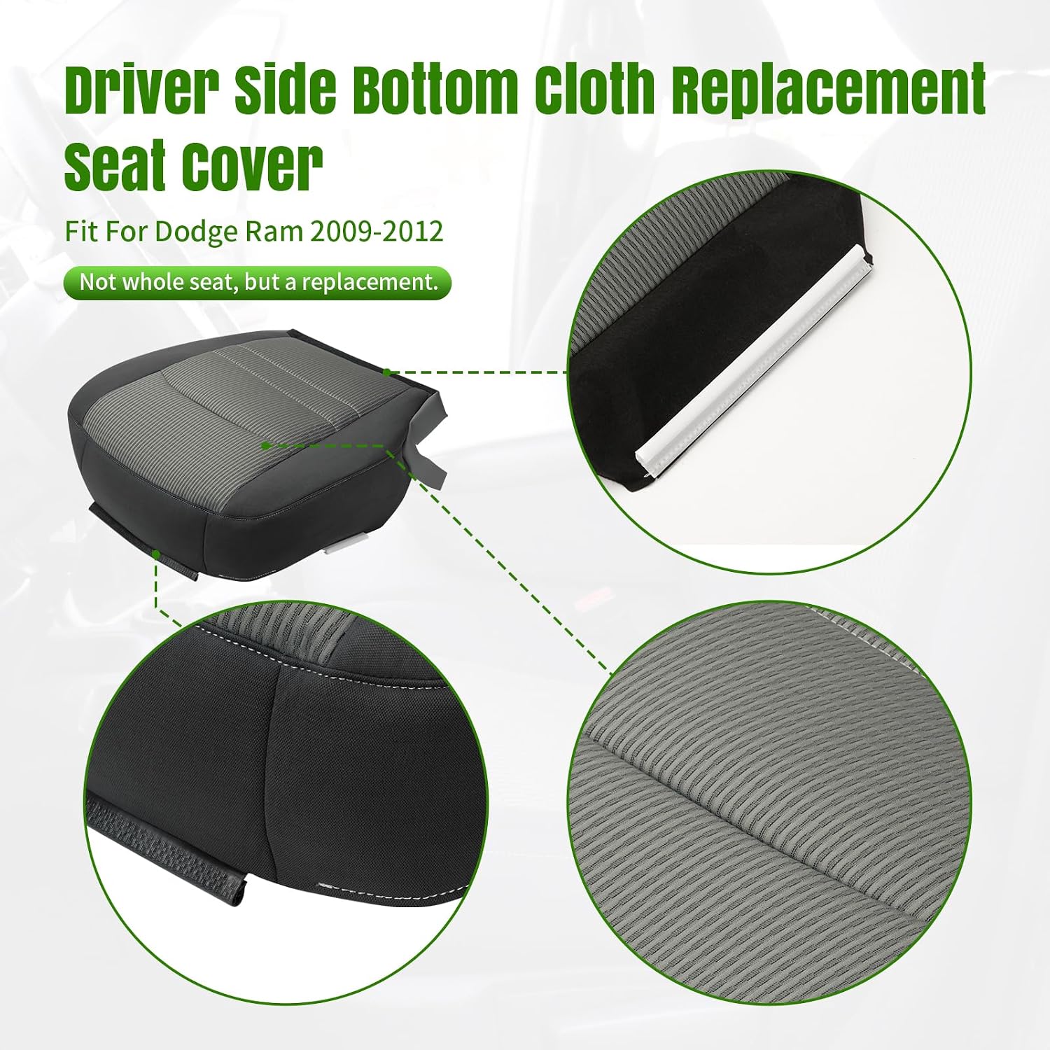 Replacement Driver Bottom Side Cloth Seat Cover, Foam Cushion Compatible with Dodge Ram 1500 2500 3500 4500 5500 (2009 2010 2011 2012) Driver Side Bottom Lower Replacement Gray