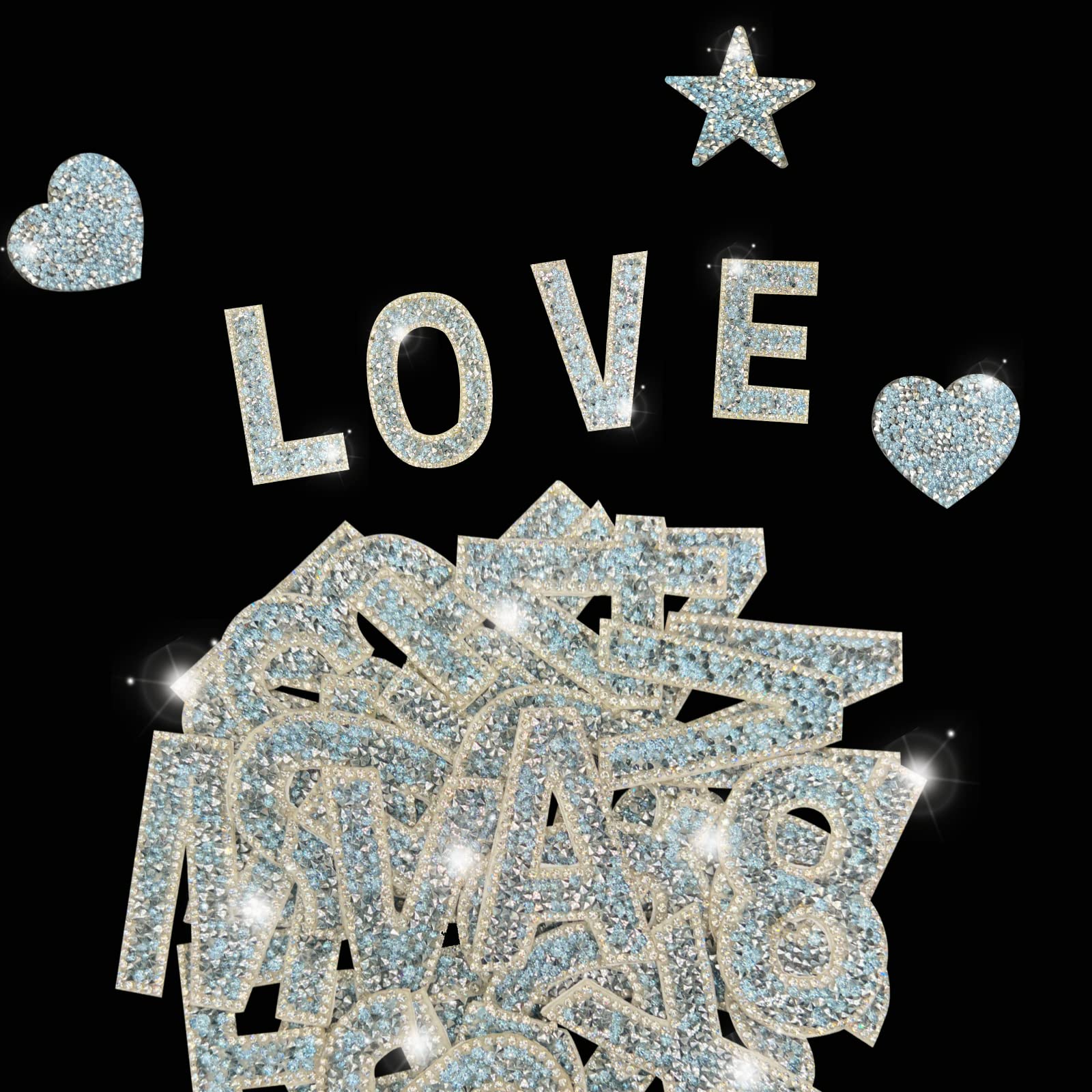 47-Piece Rhinestone Letter & Number Stickers - Large, Self-Adhesive, Crystal Glitter Heart Stickers for Clothing, Jeans, Caps, Shoes, Bags & DIY
