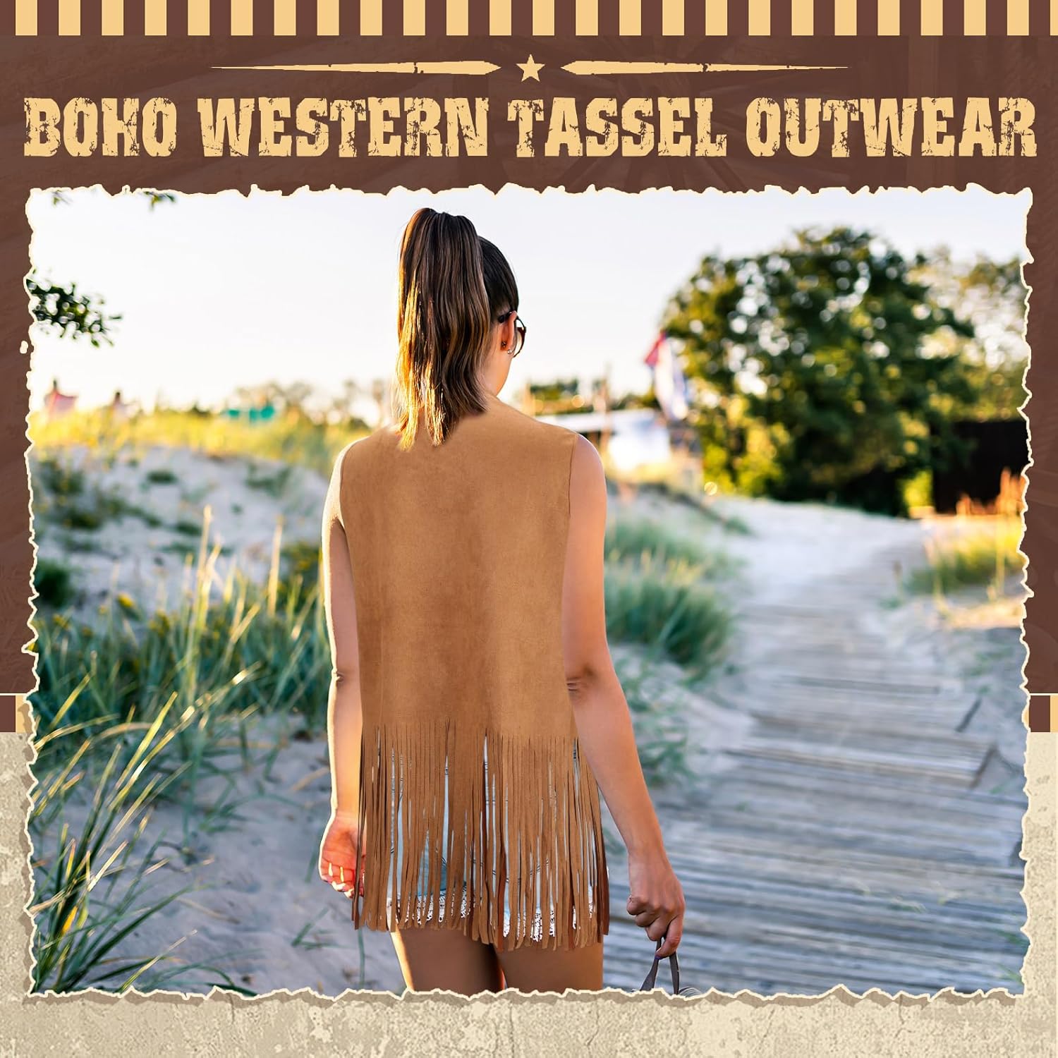 Hercicy Fringe Vest for Women 70s Hippie Western Cowgirl Vest Faux Suede Rivets Sleeveless Tassel Leather Vests Jacket - Image 6