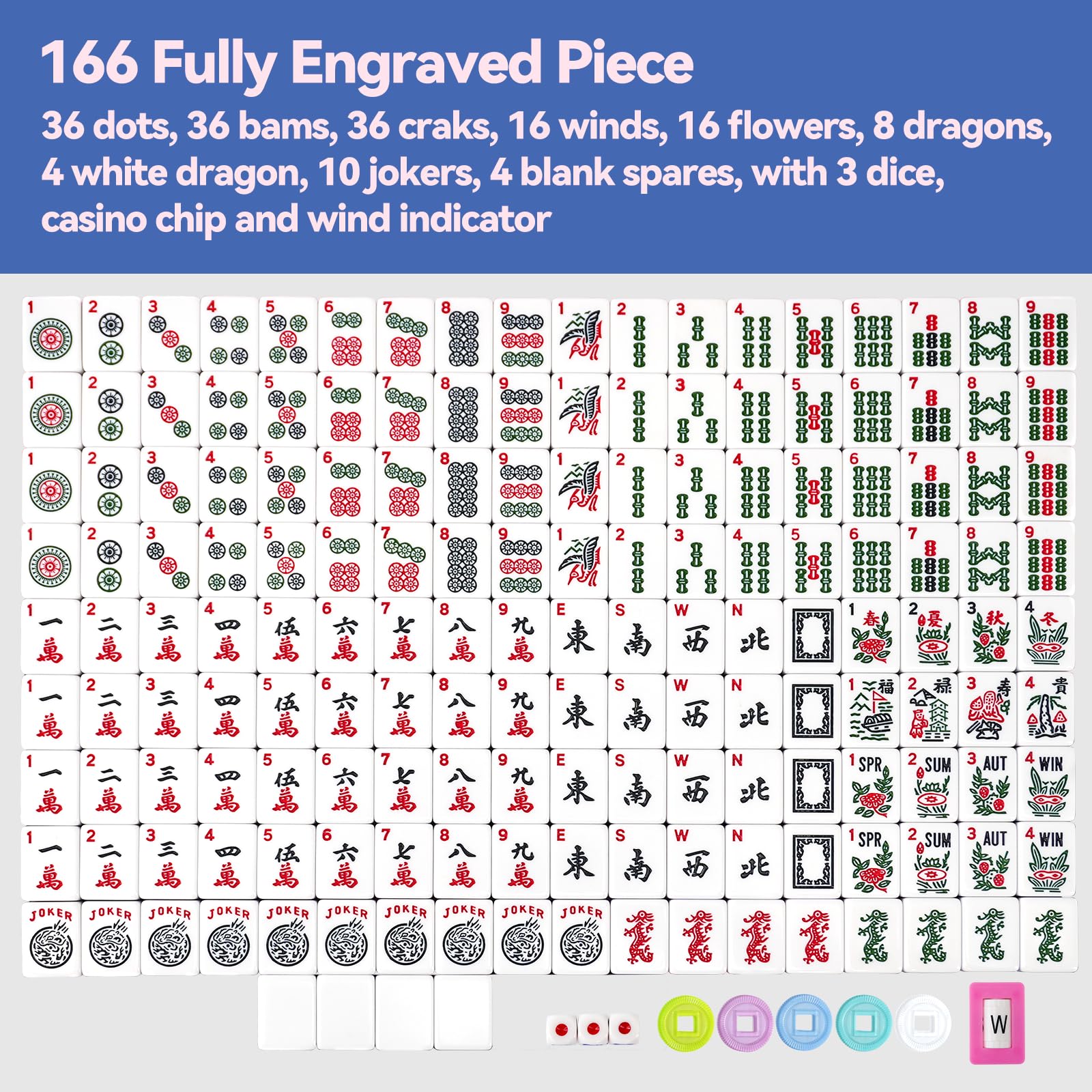 American Mahjong Spielset mit rosa Tragetasche, 166 weiße Premium-Fliesen (3,1 cm), All-in-One-Farb-Rack/Drücker, Chips, Windanzeige, englisches Handbuch, komplettes Mahjongg-Fliesen-Set (rot)