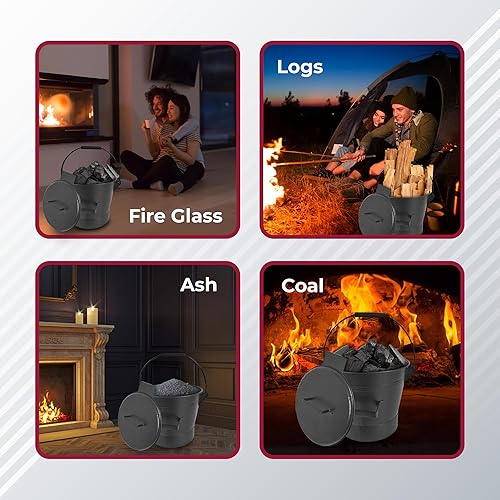 Miniatura 8 de Cubo de ceniza  Cubo de metal con pala escoba y guantes  para madera, carbón, brasas, cenizas, pellets, etc.  Cubo de ceniza con boquilla de vertido