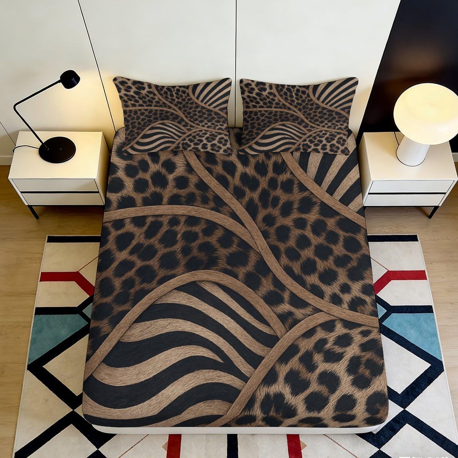 3D Printed Leopard Patchwork Fitted Sheet Microfiber Animal Stripe Bed Cover for Bedroom Dorm Mattress Decor 90x200x25cm