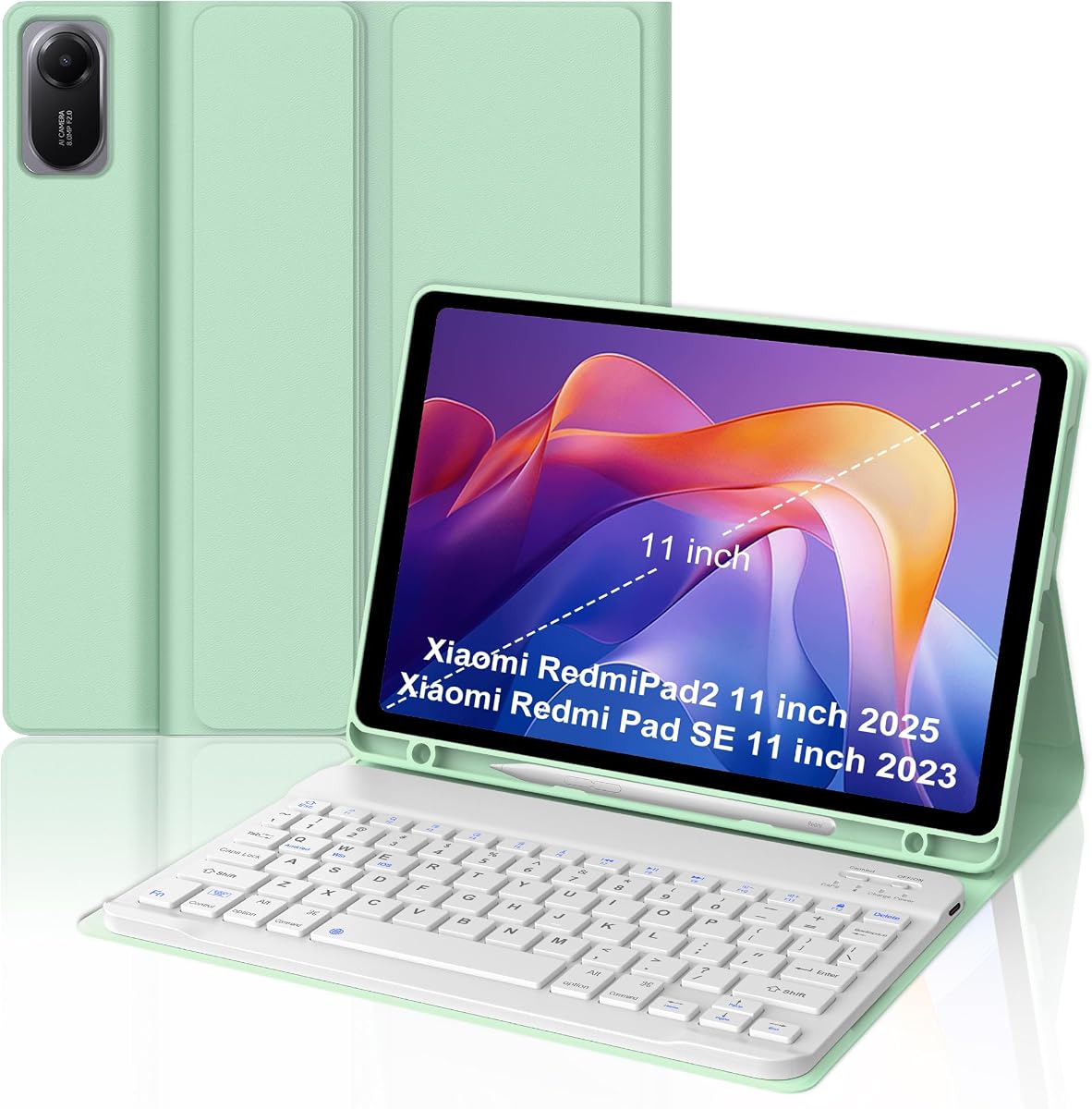 FOGARI Keyboard case for Xiaomi RedmiPad2 11 inch 2025,Grass Green | Detachable Wireless Bluetooth Folio Keyboard Case with Protective Slim Stand Cover Case, Pen Holder,Light & Thin,Rechargeable
