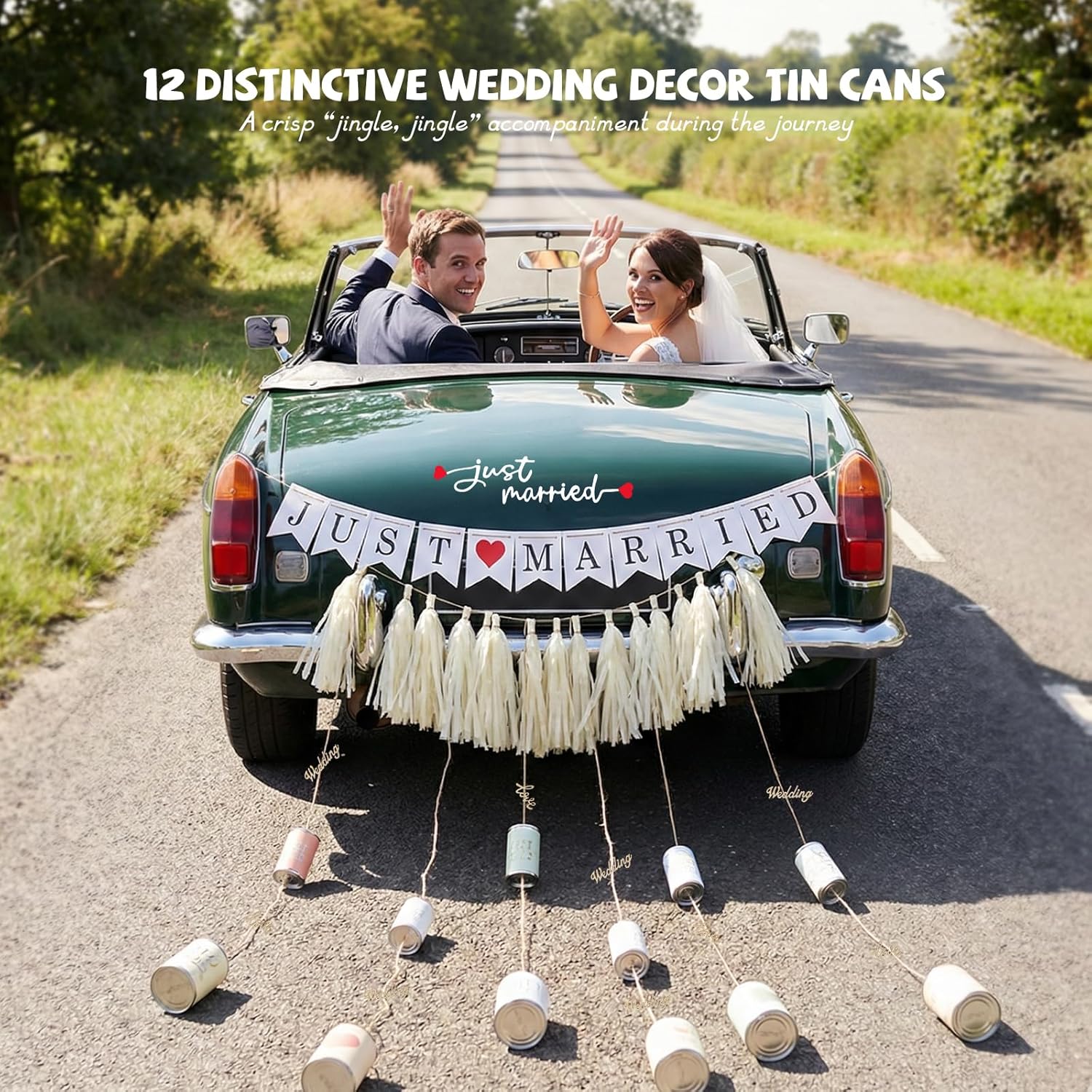Just Married Car Decorations Kit - 15 Pcs Wedding Car Decoration Set with 12 Tin Cans for Car Bumper, Banner, Window Decal & Tassels - Romantic Wedding Car Accessories, Just Married Sign for Vehicle