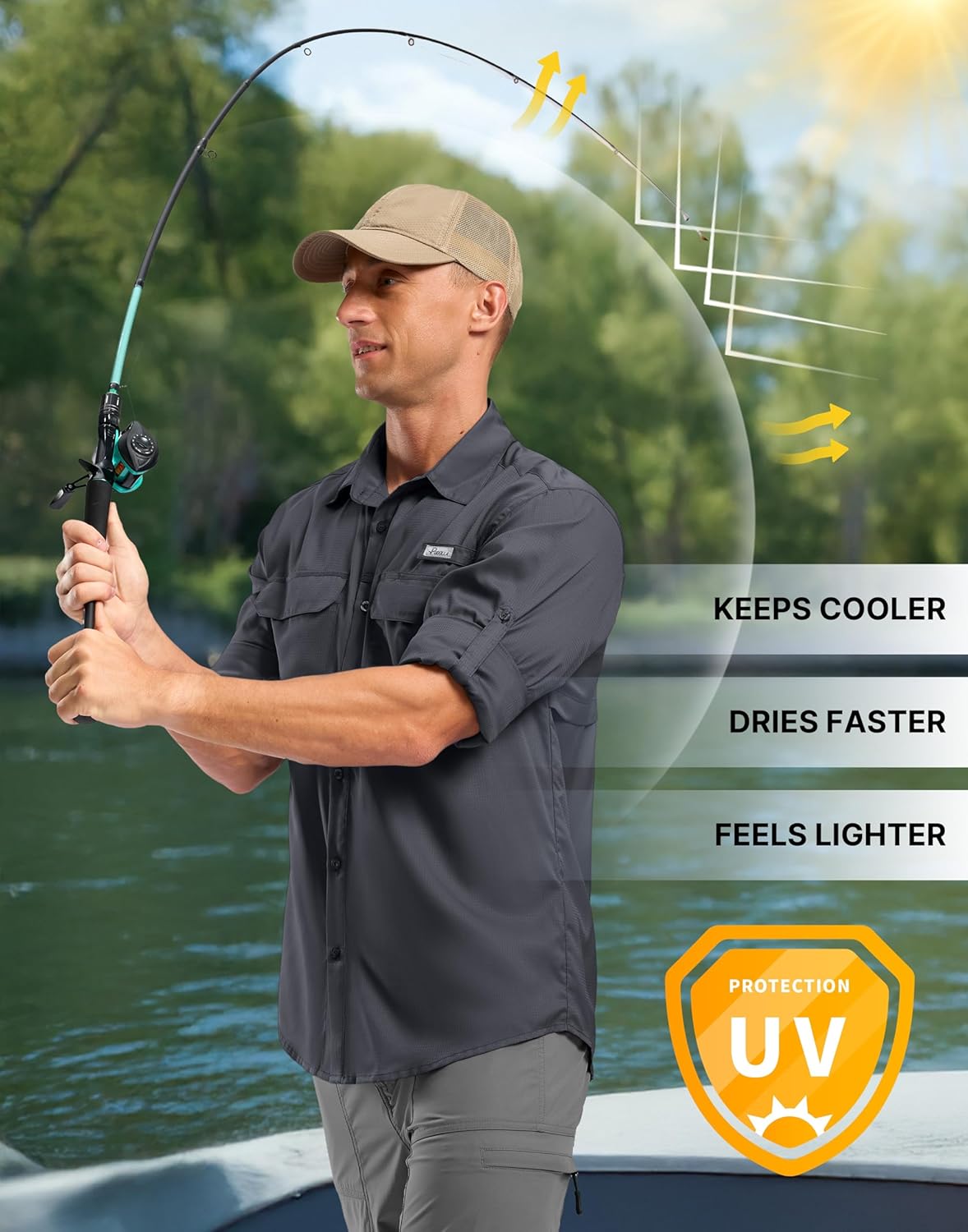 Pudolla Men's Sun Protection Fishing Shirt Lightweight Long Sleeve UPF 50+ Hiking Shirt for Men Outdoor Travel with Pockets - Image 7