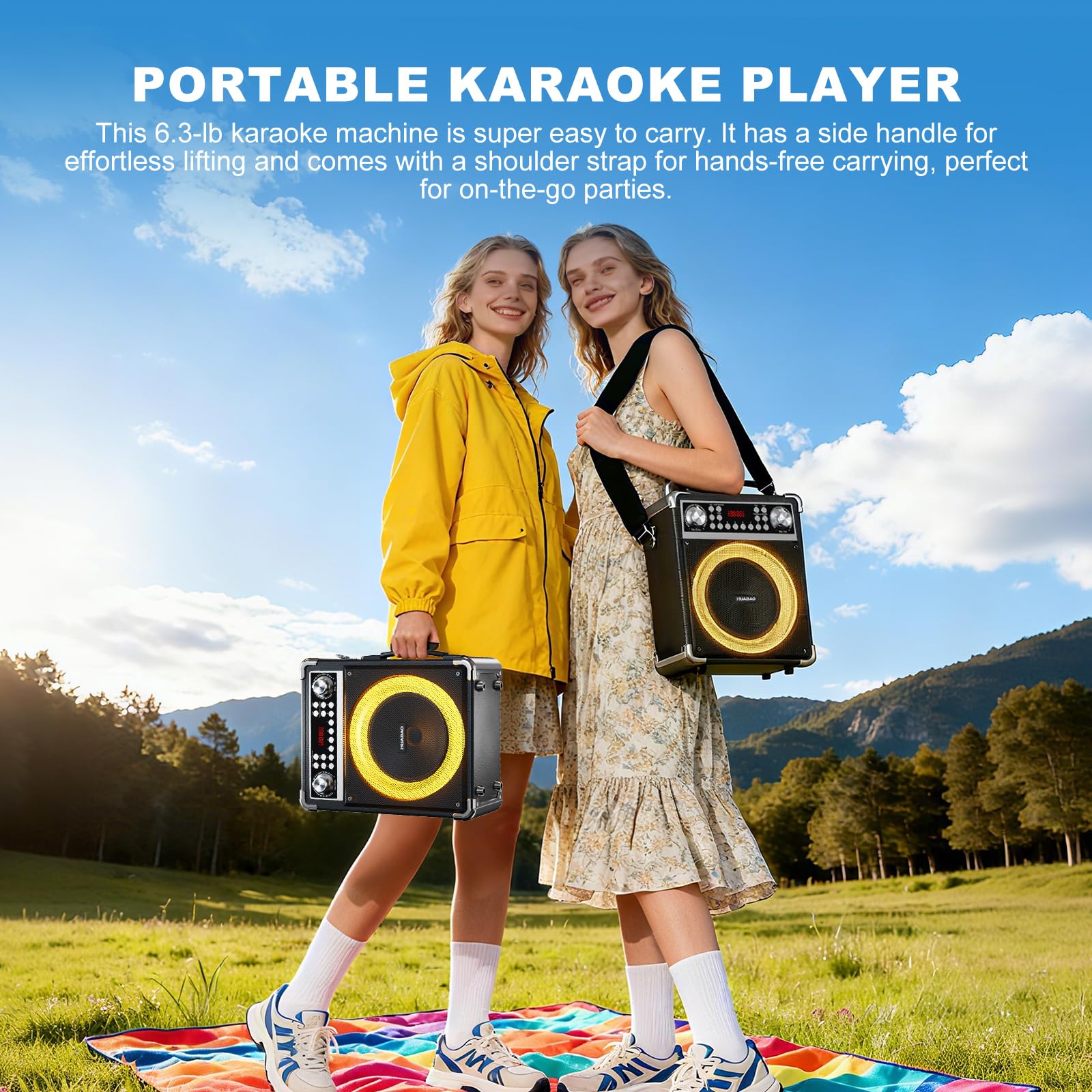 Máquina de karaoke con 2 micrófonos inalámbricos, altavoz Bluetooth portátil para adultos y niños, sistema PA con control remoto y luces, control de graves/agudos, compatible con USB/AUX/TF/FM