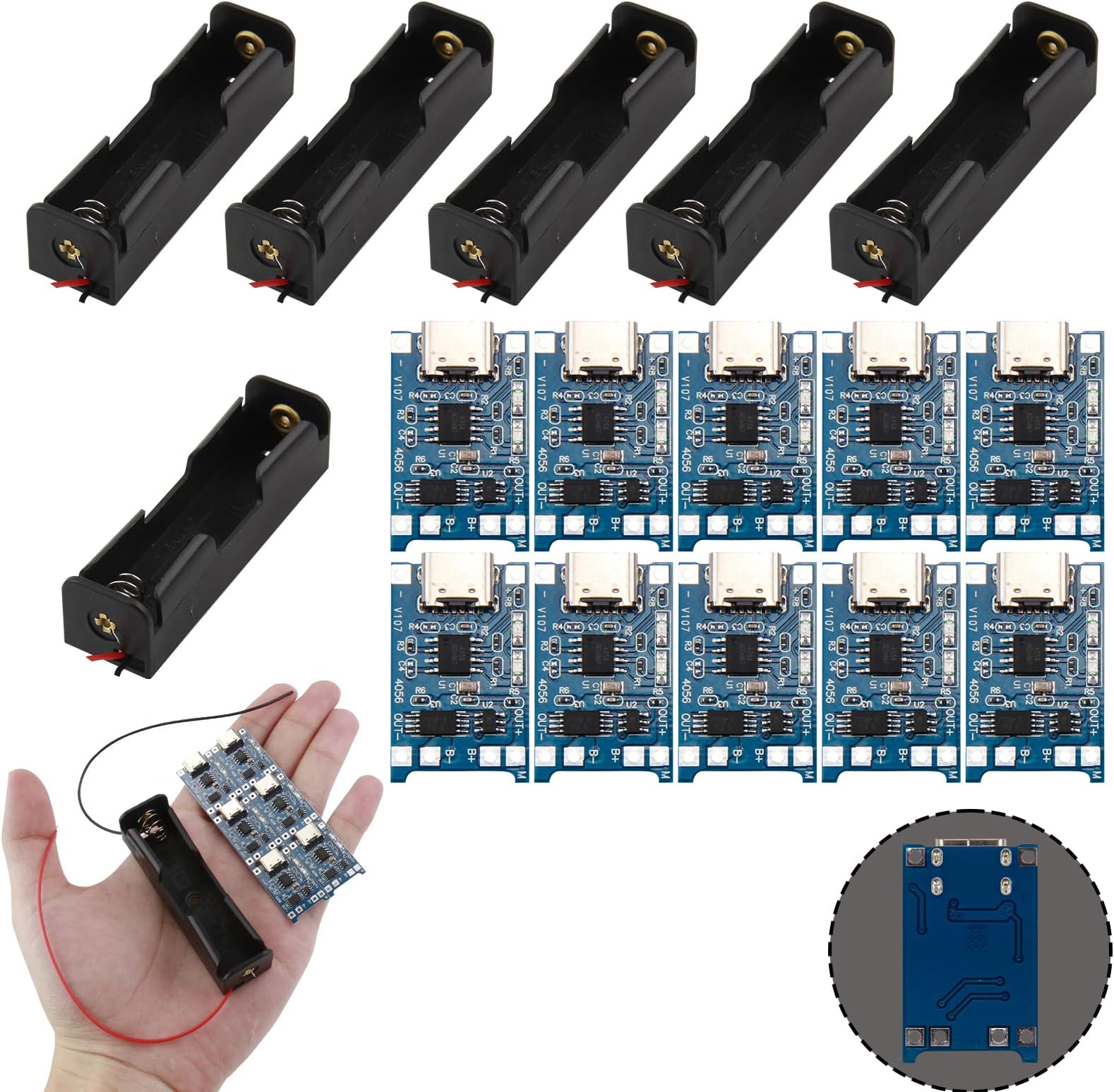 6 x 3.7V 18650 Battery Holder Plastic Case Storage Box with Wire Leads + 10 USB Type-C Charger Modules 5V 1A Plastic Cases and Built-in Protection