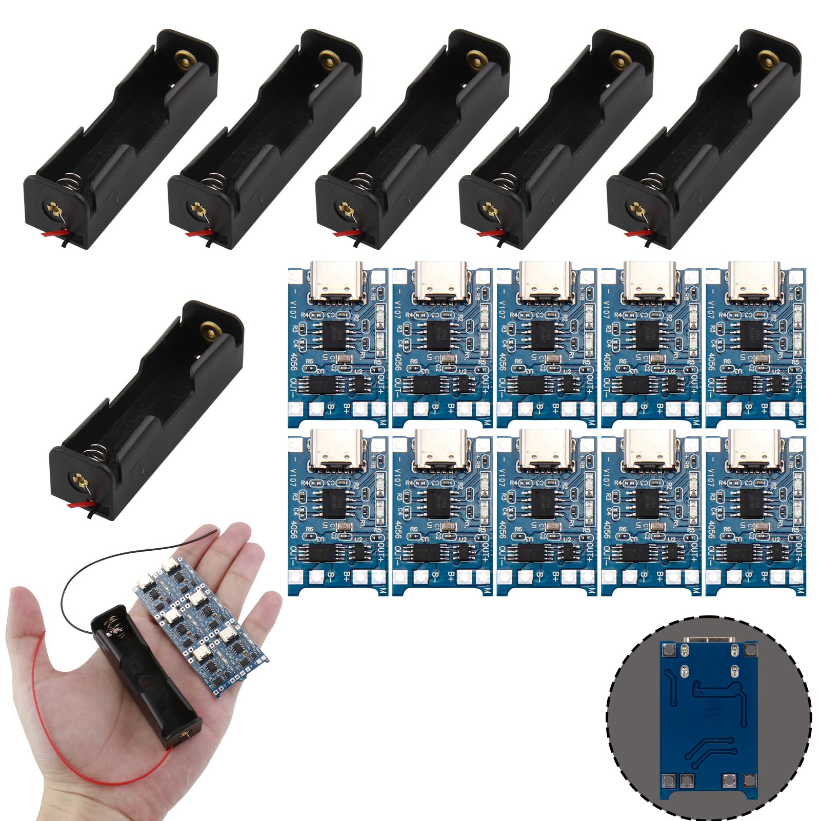 Porta Batterie 3.7V 18650 Custodia Plastica con Slot Singolo + 10 Moduli Caricabatterie USB Tipo-C 5V 1A, Custodie e Cavi Inclusi