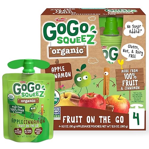 GoGo squeeZ Fruit on the Go Organic, manzana y canela, 3.2 onzas (paquete de 4), bocadillos de frutas orgánicas sin azúcar para niños, sin gluten,
