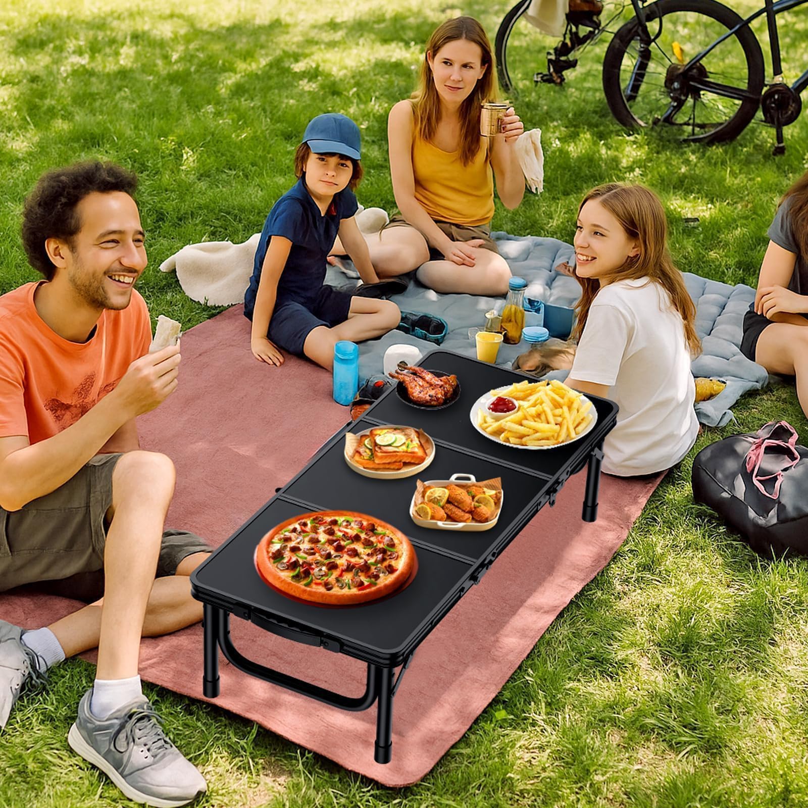 Anbte Tavolo Basso da Campeggio Picnic Spiaggia 87 * 40 * 26.2 Pieghevole Portatile Tavolino da Comodino Multifunzione per Lavoro/Caffè/Truccarsi/Mercatini-Nero