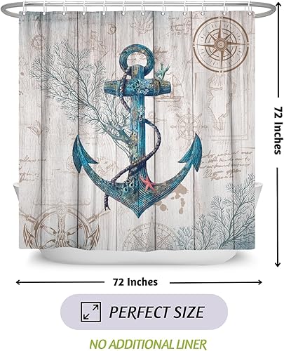 Miniatura 6 de Cortina de ducha con ancla náutica para baño, playa, costera, cortina de ducha rústica con tema de navegación, cortina de baño con gancho, 72 x 72