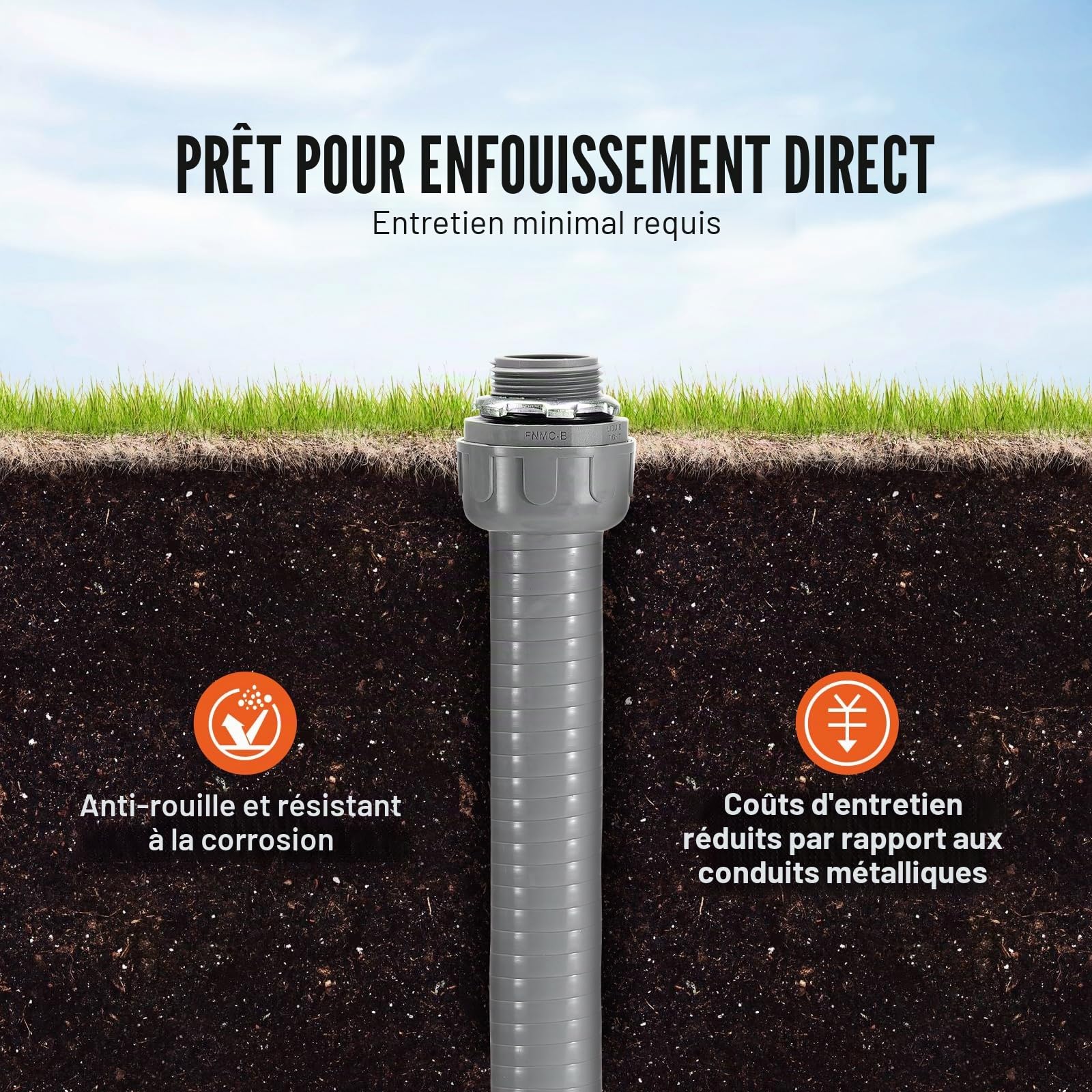 VEVOR Conduit électrique flexible, 12,7 mm, conduit étanche aux liquides en PVC, 30,5 m, non métallique, avec 5 connecteurs 180° et 5 connecteurs 90°, pour pompe contrôleur moteur climatisation, IP65