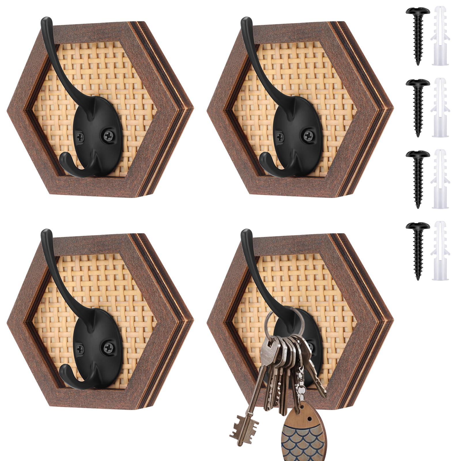 3 Pcs Rustic Rattan Coat Hooks, Decorative Wall Mounted Wood Frame Wall Hook, Boho Farmhouse Hexagon Coat Rack Metal Holder Hanger for Entryway Bathroom Home Decor(Retro Style)