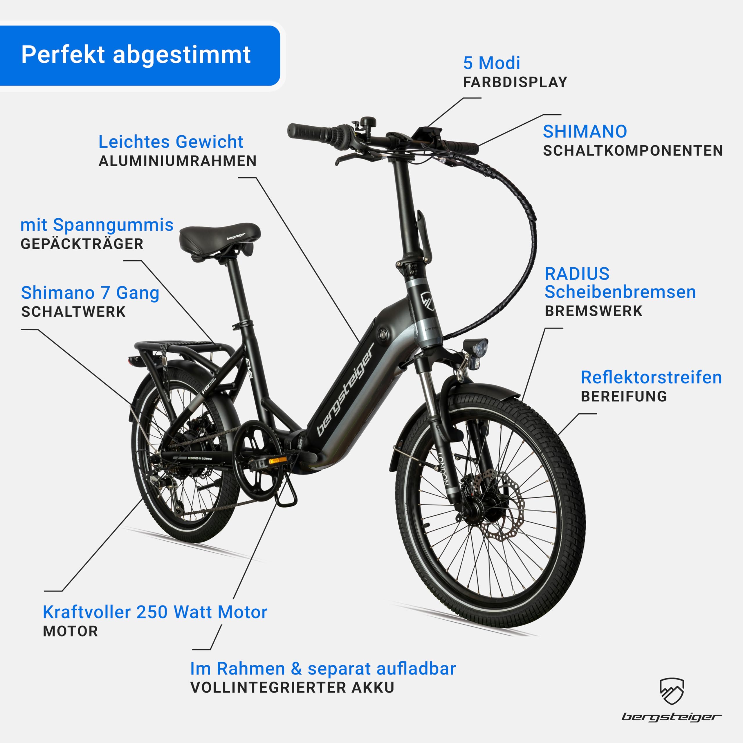 Bergsteiger London 20 Zoll E-Bike Klapprad Faltrad mit Farbdisplay | Starker 250 Watt Motor, 7 Gänge und Scheibenbremsen. Vollintegrierter 468 Wh Akku aus leichtem Alu für Damen & Herren.